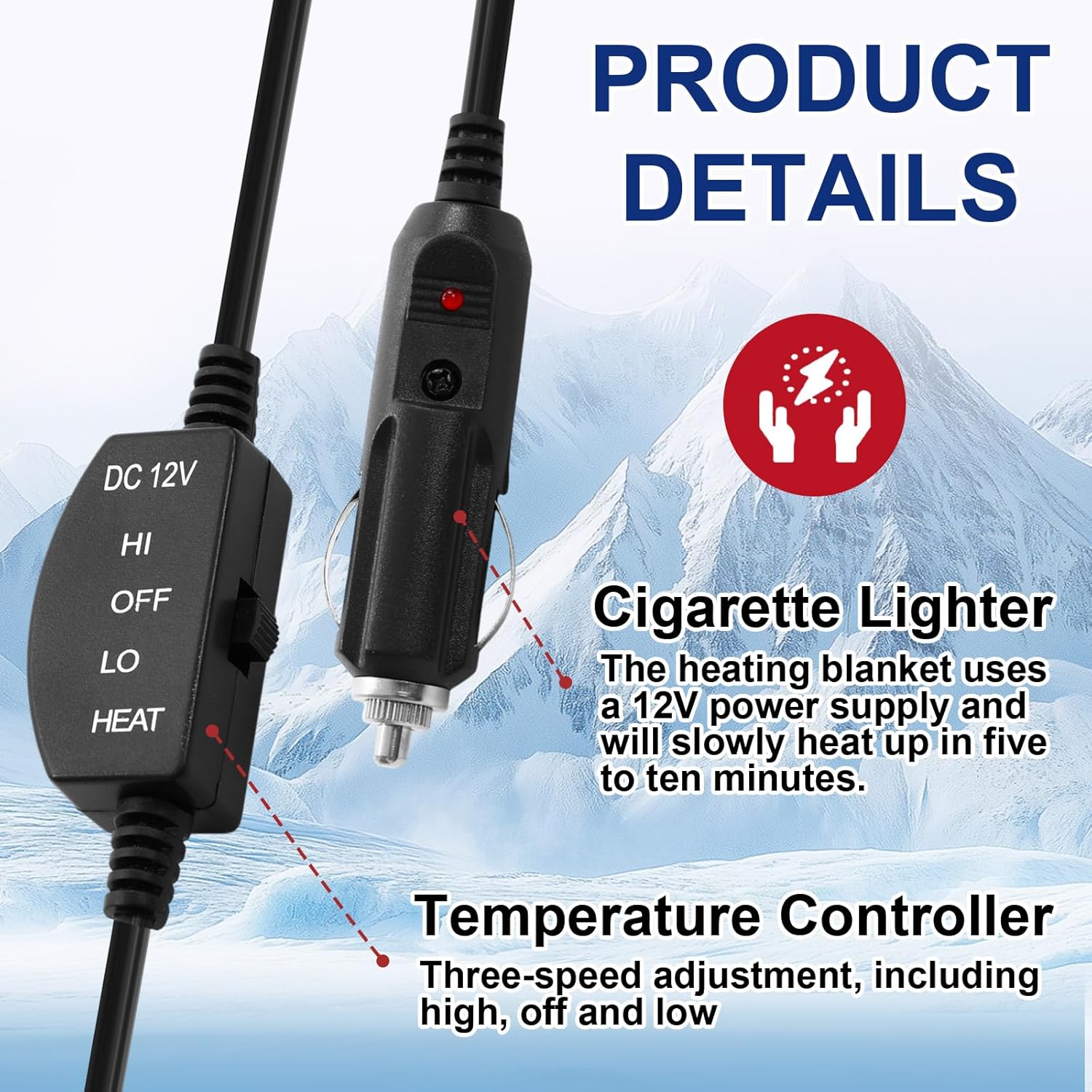 Riakrum 12v Heated Car Blanket 58" x 43", 3 Heating Level Electric Heated Blanket Portable Throw with Temperature Controller Cigarette Lighter Socket for Truck Winter(Smoky Blue,Ribbed) - Image 4