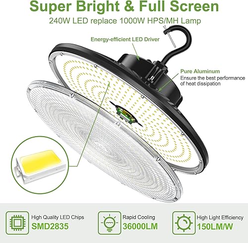 Miniatura 2 de Luz de bahía alta, luz LED UFO de 240 W 36000 lm (equivalente a 1000 W HIDHPS) Listado ULDLC, 0-10 V regulable, cable de 6 pies, 5000 K, IP65