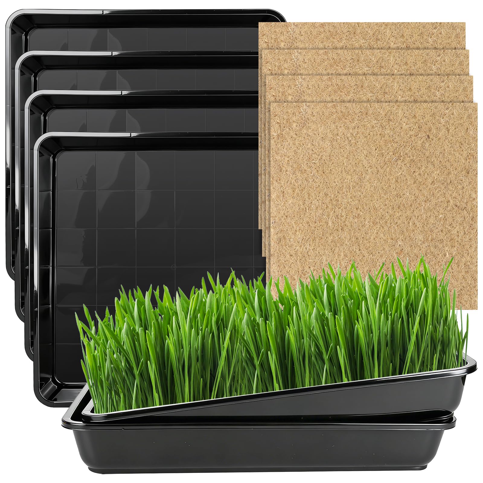 4 Sets Seed Sprouting Trays 30 x 30cm Plastic Plant Seedling Trays with Microgreen Grow Mat Microgreens Growing Kit Reusable PP BPA Free Germination Trays for Mung Beans Alfalfa Wheatgrass