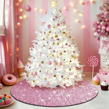 Pink Christmas Tree Skirt, 30 inch Small Sequin Glitter Pink Decorations