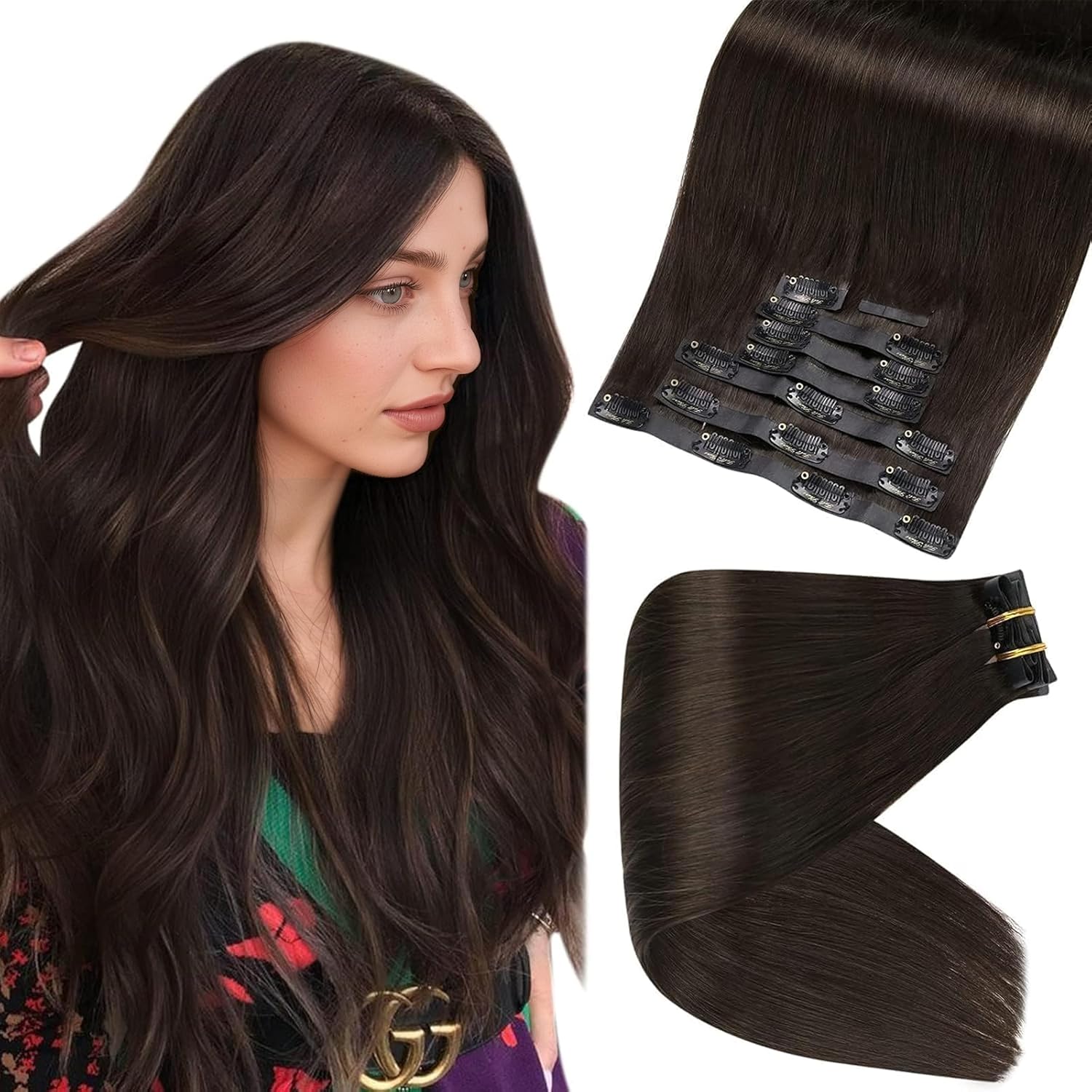 Full Shine Seamless Clip in Hair Extensions Human Hair Brown Remy Hair Extensions Clip in Human Hair Darkest Brown Straight Natural Hair Extension for Women 12 Inch 8 Pcs 95 G