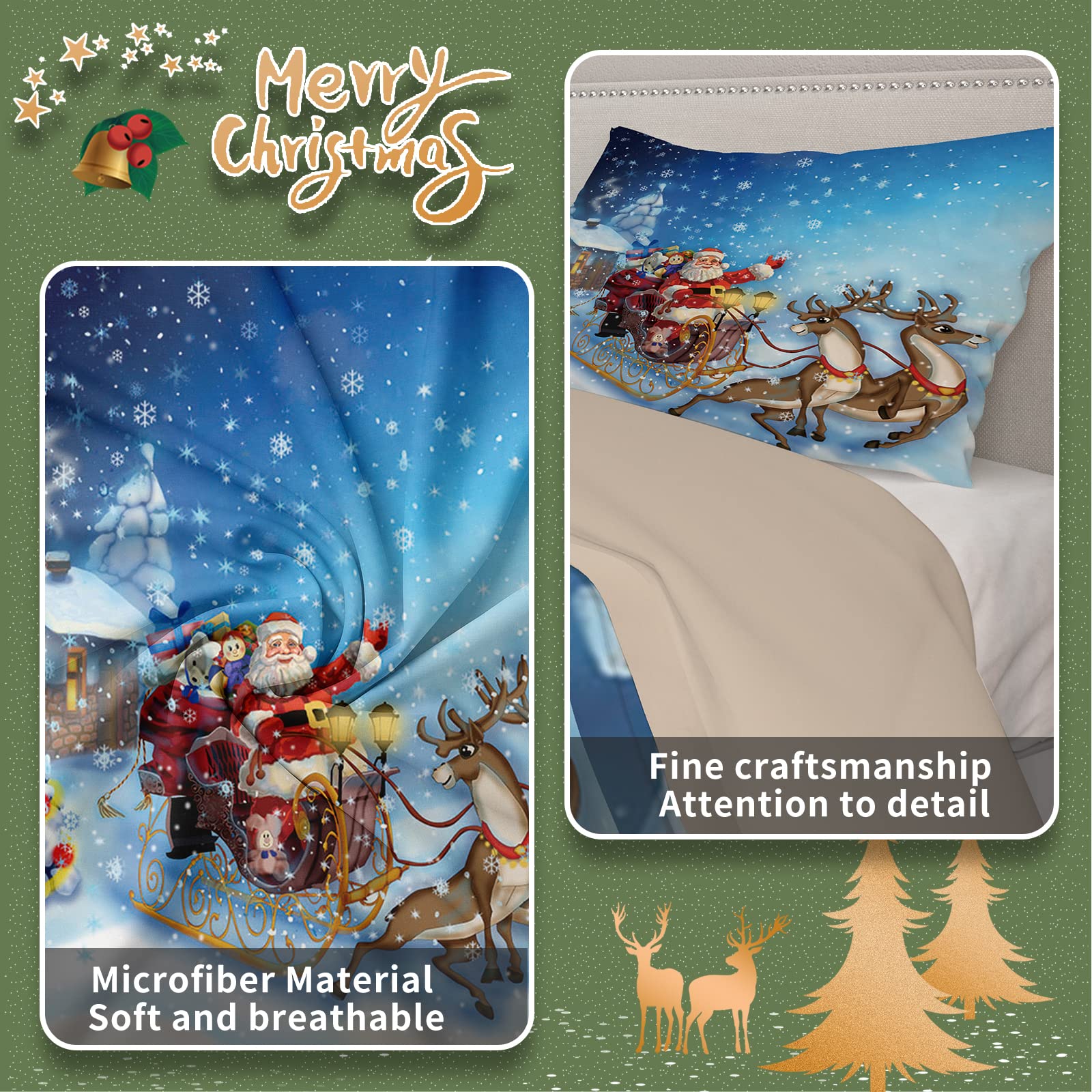 AVJWWD Set di biancheria da letto natalizia,Microfibra Copripiumino con Babbo Natale e alce motivo,decorazione natalizia, set regalo per ragazzi e ragazze (Slitta Blu, 135 x 200 cm)