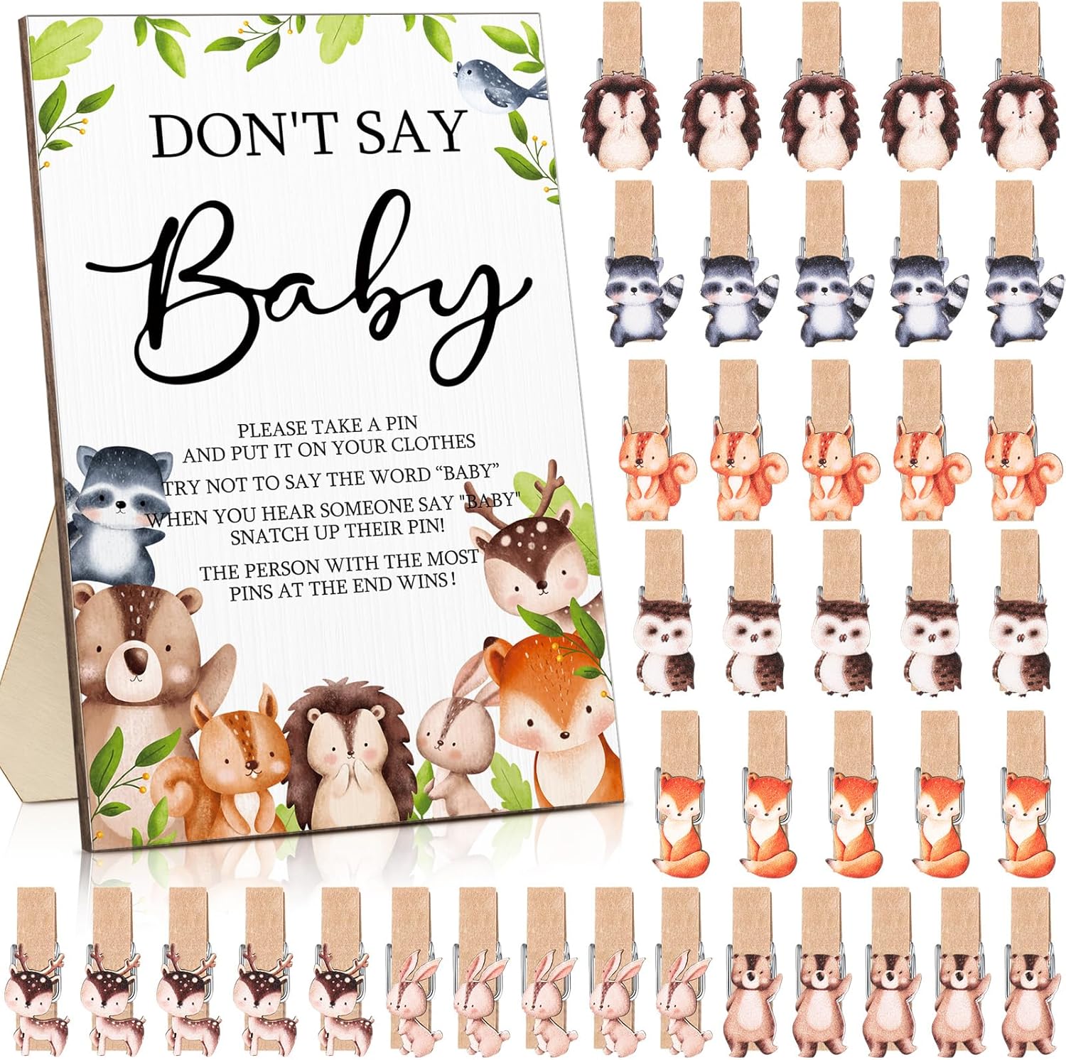 Unittype 51 Pcs Don't Say Baby Shower Game Favors Include Woodland Theme Baby Shower Sign and 50 Mini Animal Clothespins for Boys Girls Gender Reveal Party Supplies
