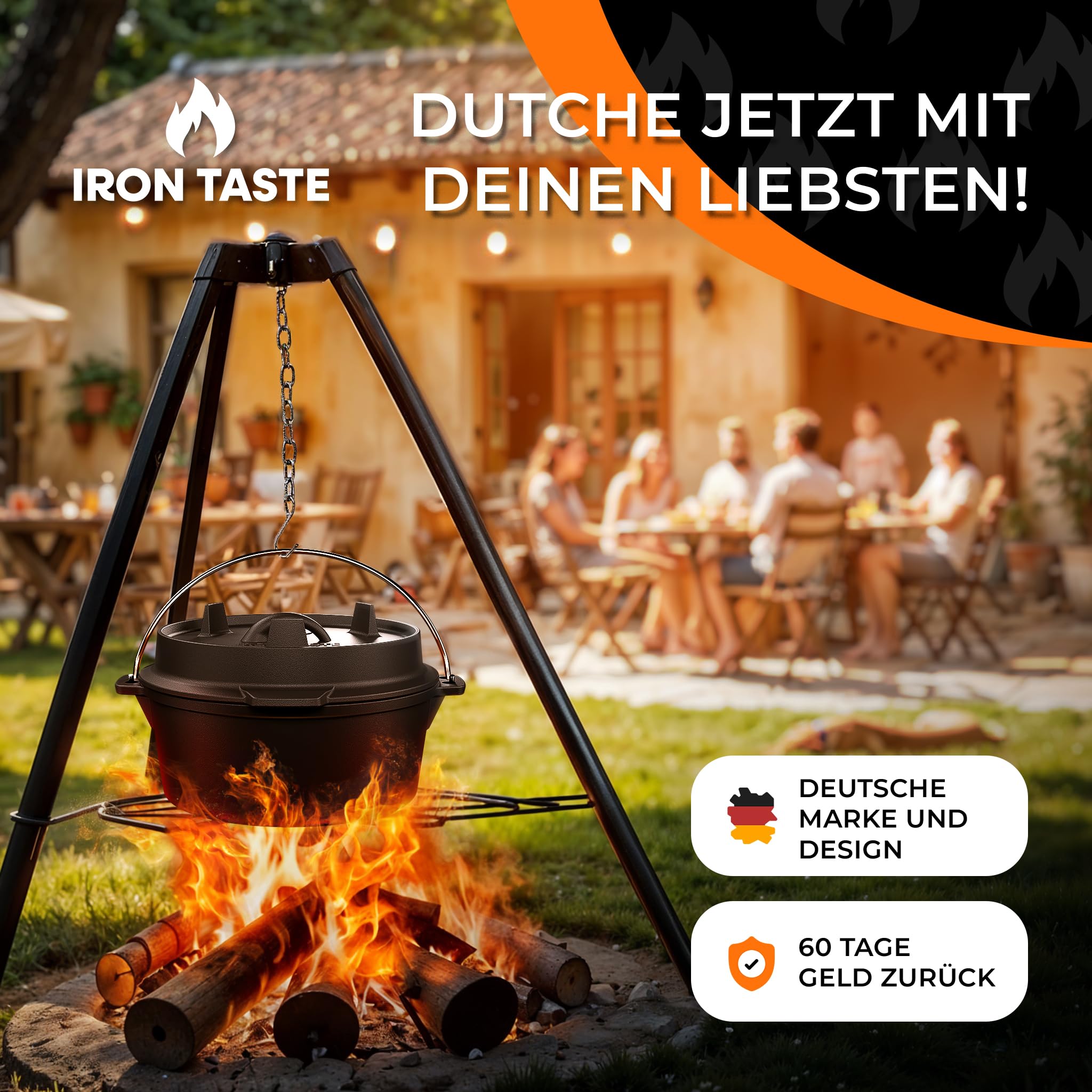 Dutch Oven Set 12L - Eingebrannter Dutch Oven 12 Liter - Feuertopf Gusseiserner Topf mit Füßen & mit praktischem Deckelheber [für 10-16 Personen]