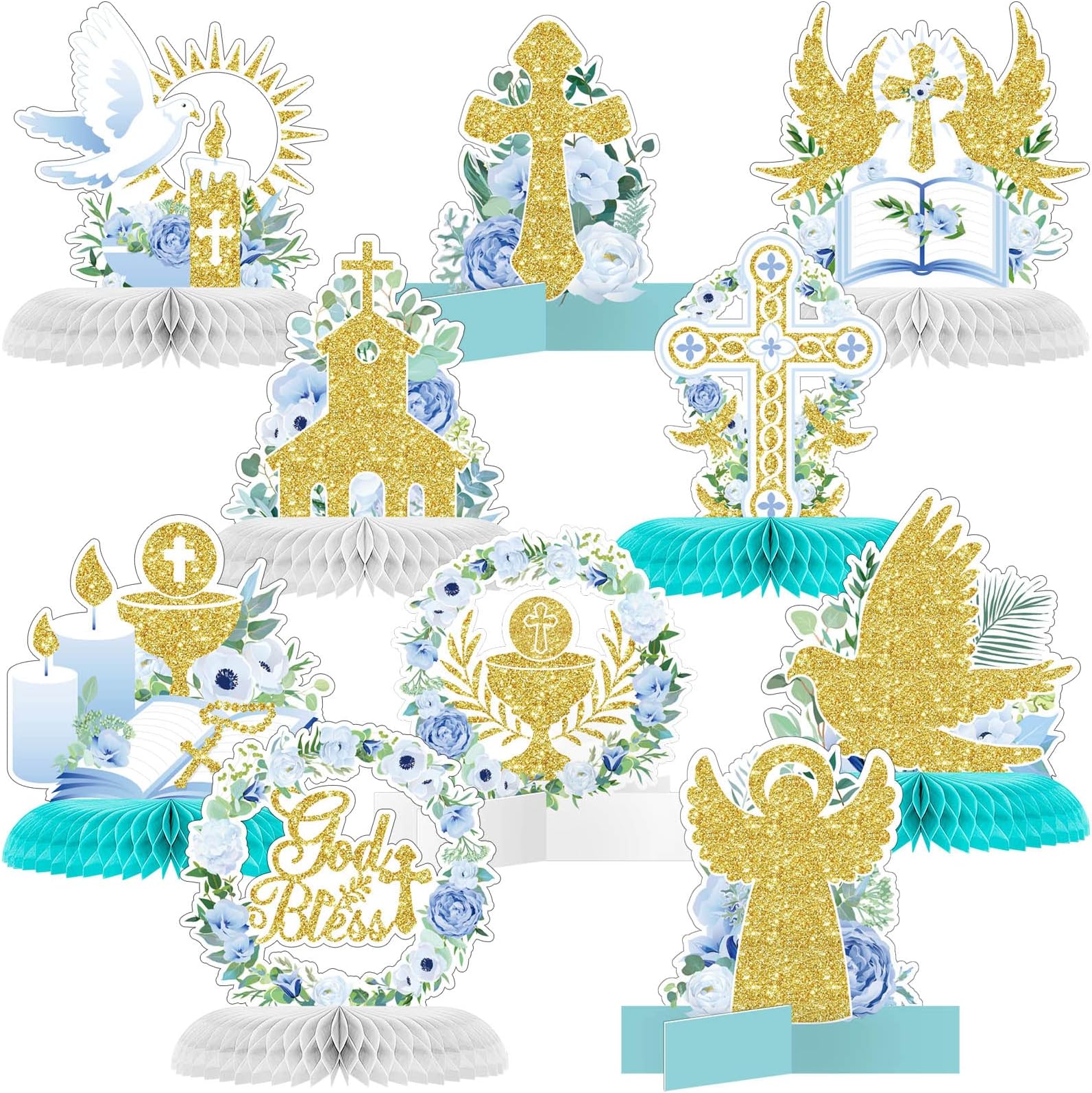 10 Pcs Baptism Decorations First Communion Honeycomb Centerpieces for Tables, Glitter Baptism Party Supplies for Baby Shower, Birthday Celebration First Communion Decor(Light Blue Series)