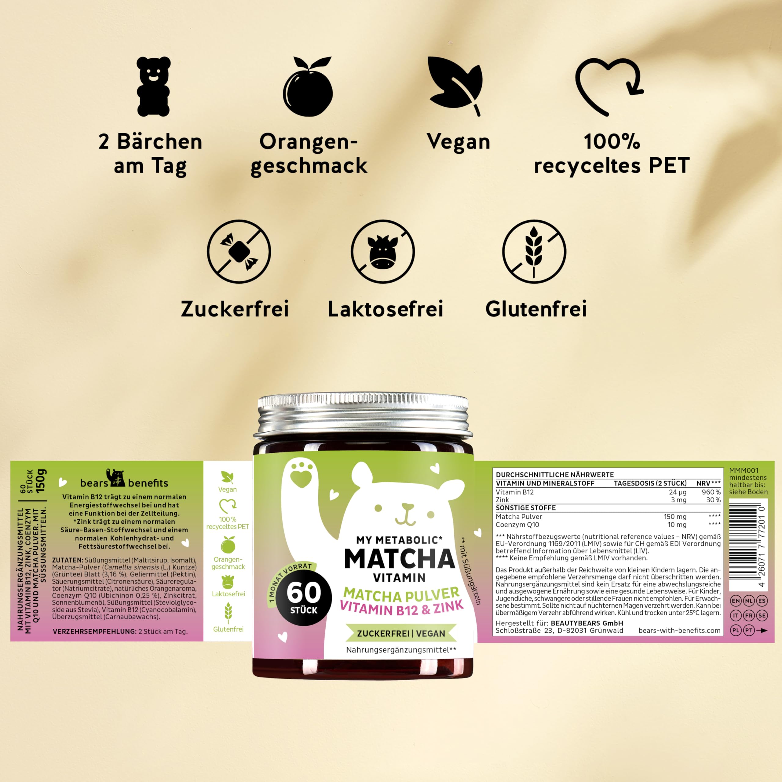 My Metabolic Matcha Vitamin Gummibärchen - Natürliches Energie-Supplement – Antioxidativ – Mit Matcha, CoQ10, Zink, Vitamin B12-60 Stück (1 Monat Vorrat) - Zuckerfrei, Vegan - Bears with Benefits