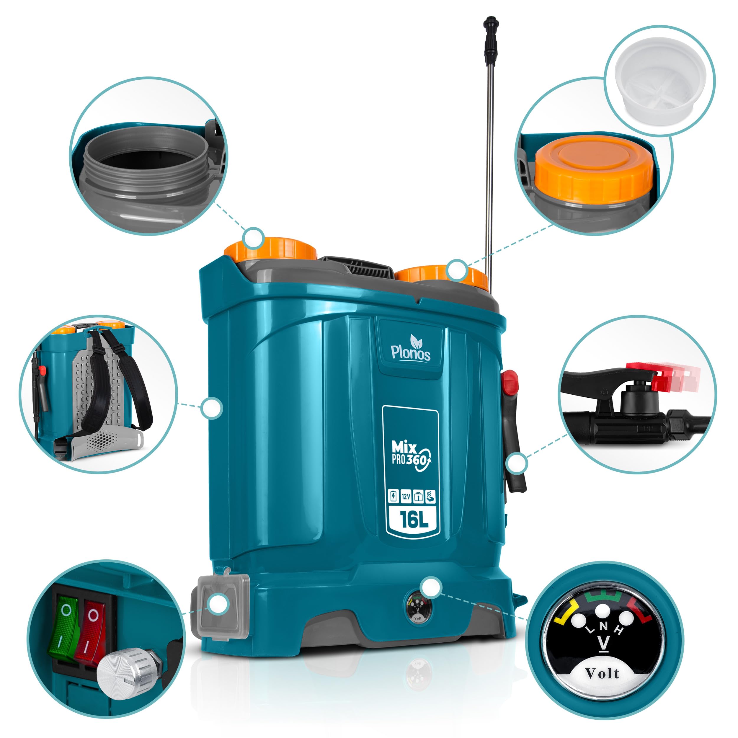 Pulvérisateur à Dos Capacité 16L Batterie 8Ah 12V 4 Buses Lance avec Mélangeur Bleu