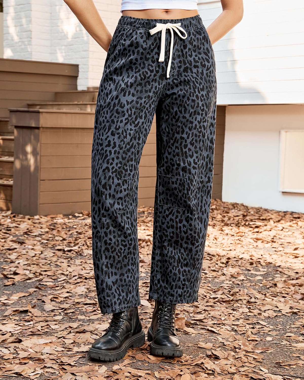 Vetinee Barrel Jeans Women Trendy Wide Leg Leopard Cheetah Pants High Waisted Pull On Drawstring Stretchy Denim Pants - Image 3