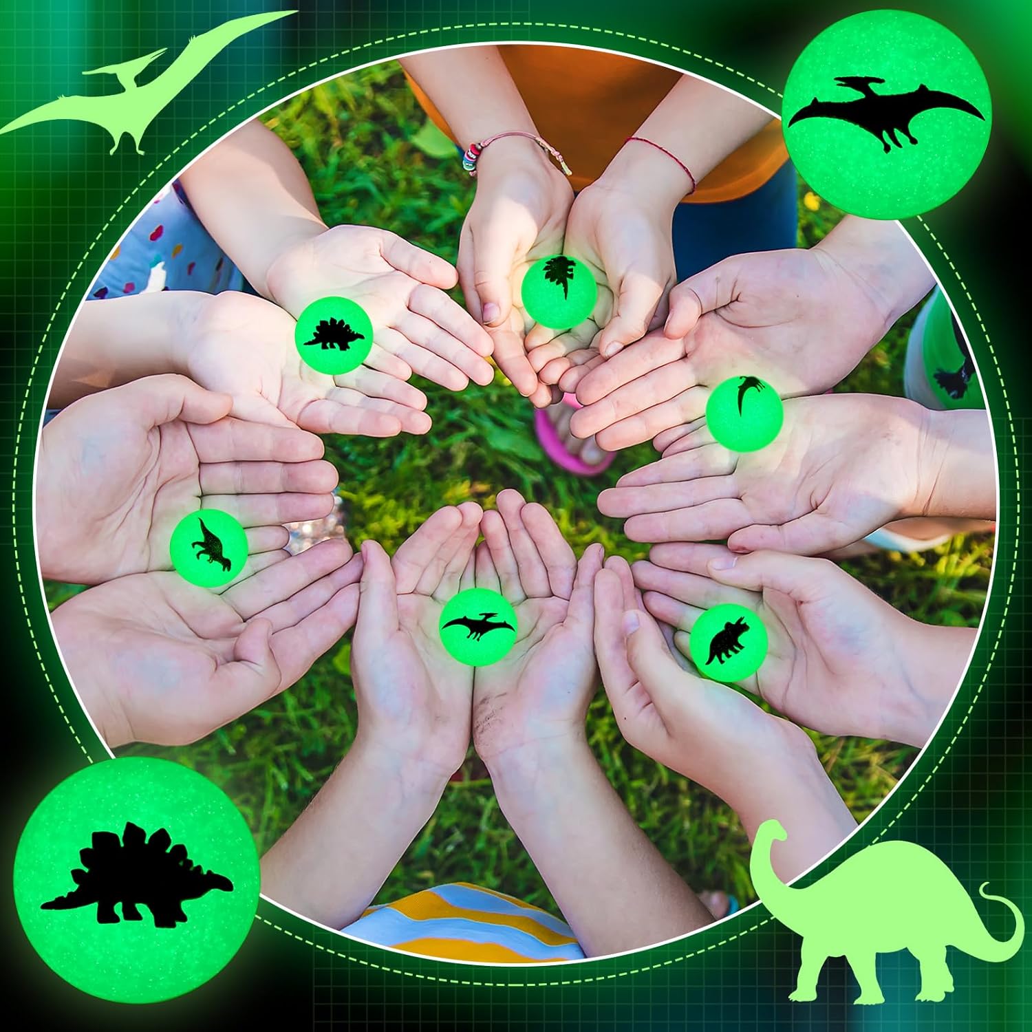 Seenelling 60 Pcs Dinosaur Glow in The Dark Bouncy Balls Dinosaur Birthday Party Favors for Kids Rubber High Mini Bouncing Balls Dino Themed Party Decorations Goodie Bags Stuffers