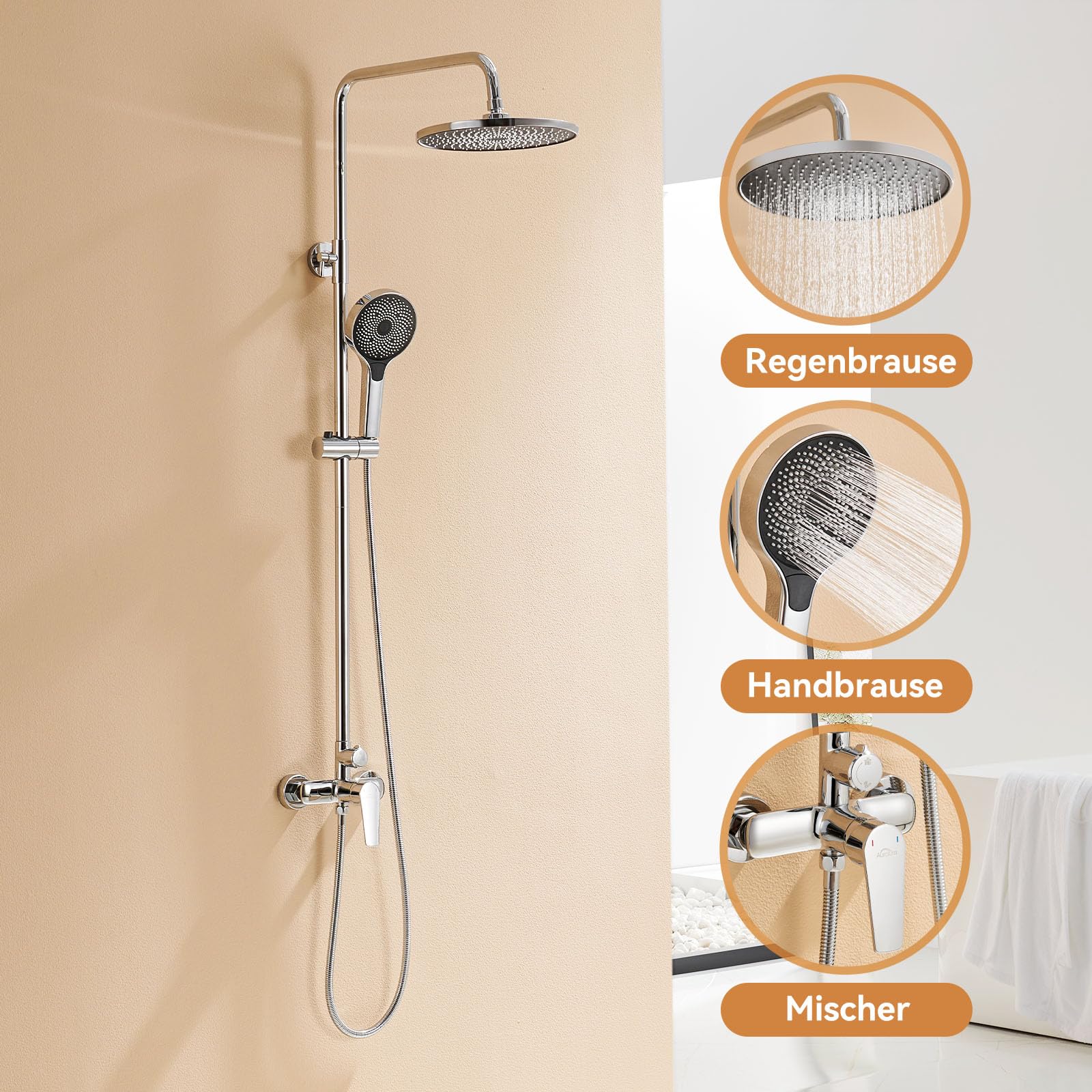 Auralum Duscharmatur Komplettset Höhenverstellbar 1-1,39m, Regendusche mit Armatur Duschamaturenset Regendusche mit 3 Funktionen Handbrause, Chrom