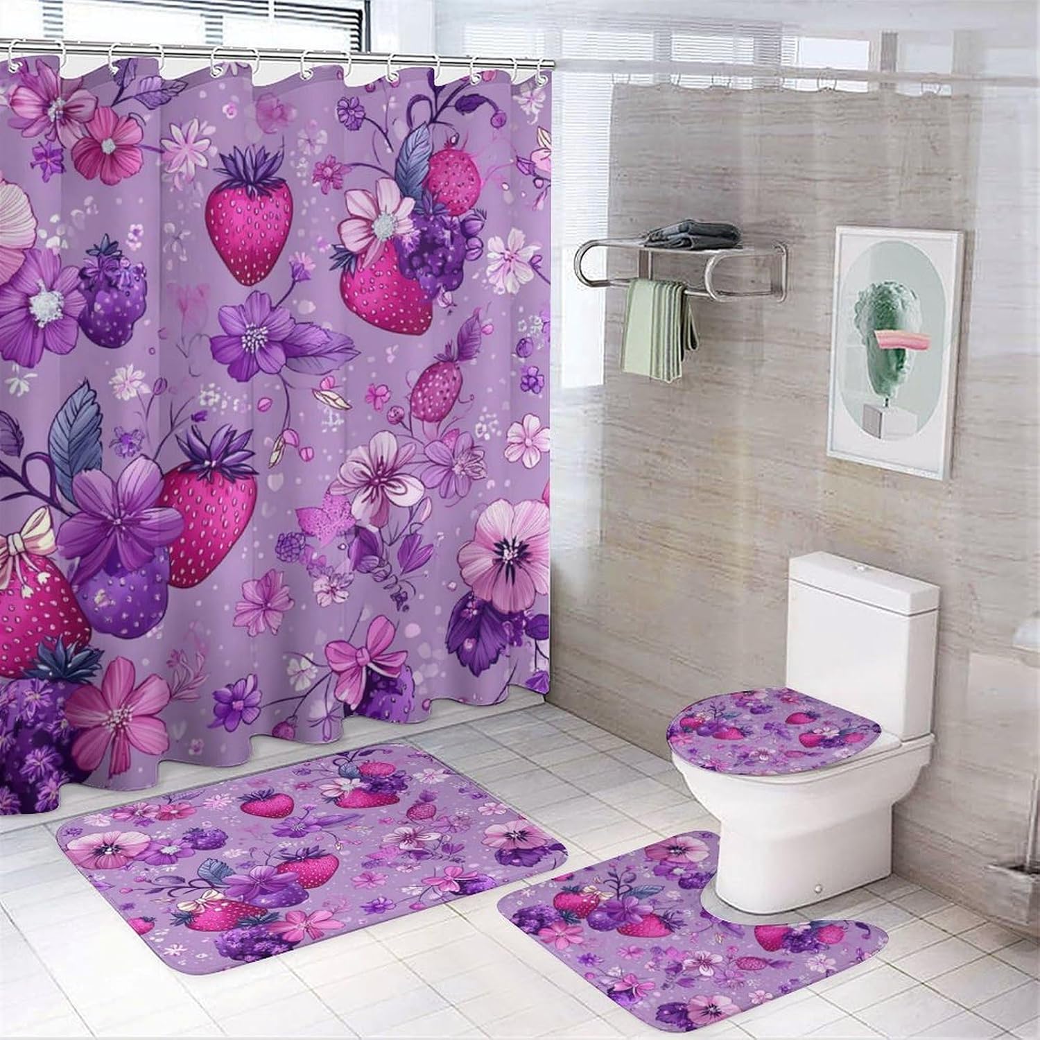 4 Pcs Romantic Strawberry Shower Curtain Set with Rugs, Toilet Lid Cover and Bath Mat, Floral Food Bathroom Decor Accessories Set