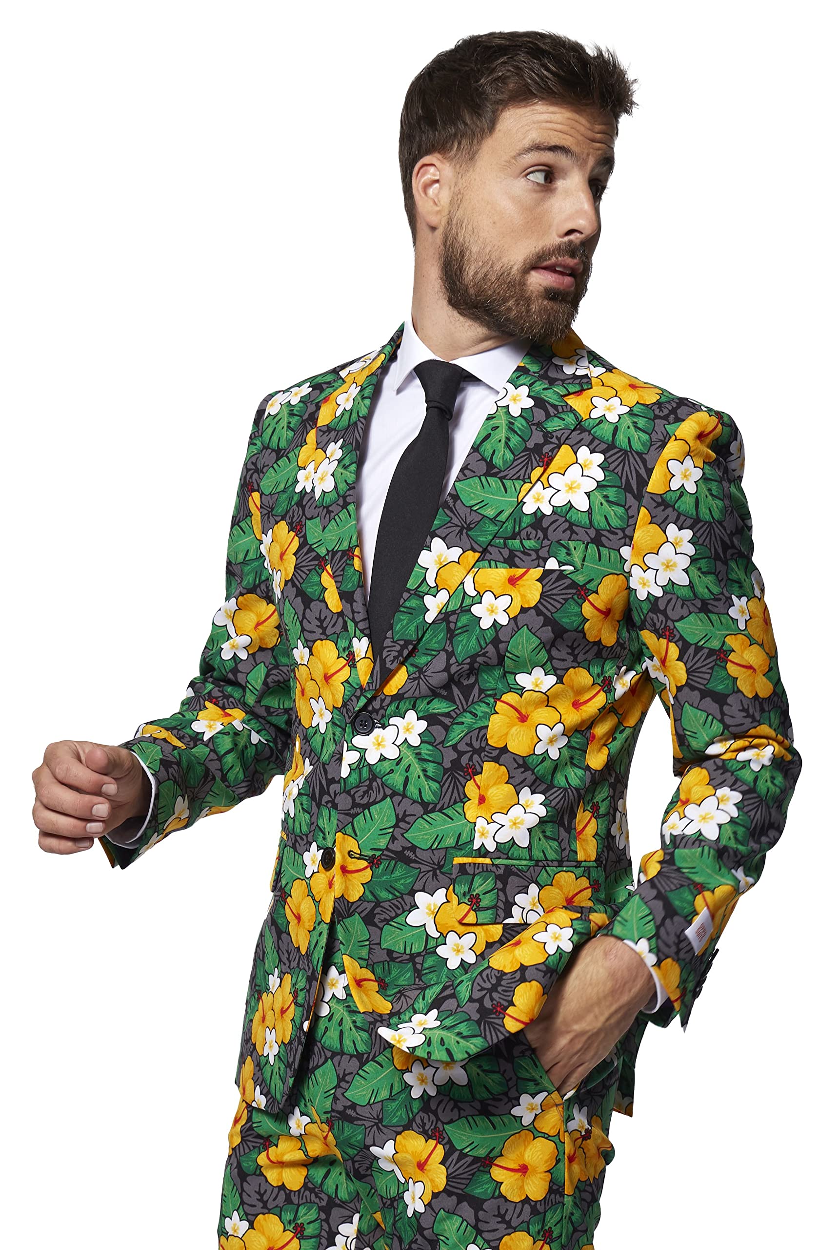 OppoSuits Herrenanzug - Sommer-Outfit mit tropischen Blumen - schmale Passform - Grün und gelb - Inklusive Blazer, Hose und Krawatte