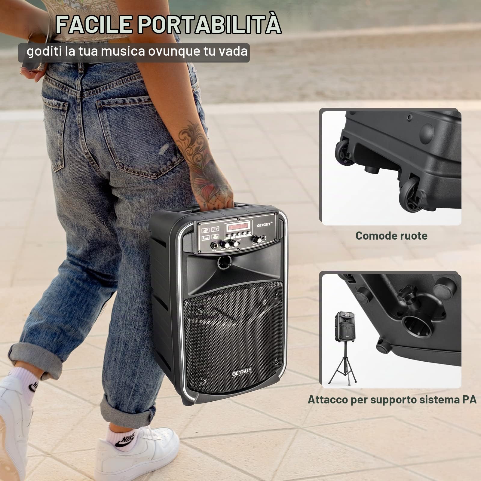 Cassa Karaoke con 2 Microfoni Wireless, Cassa Bluetooth con Microfono Portatile da 8", Cassa Amplificata Ricaricabile con USB, SD, AUX, FM, Trolley con Ruote per Feste, Casa, Campeggio e Karaoke
