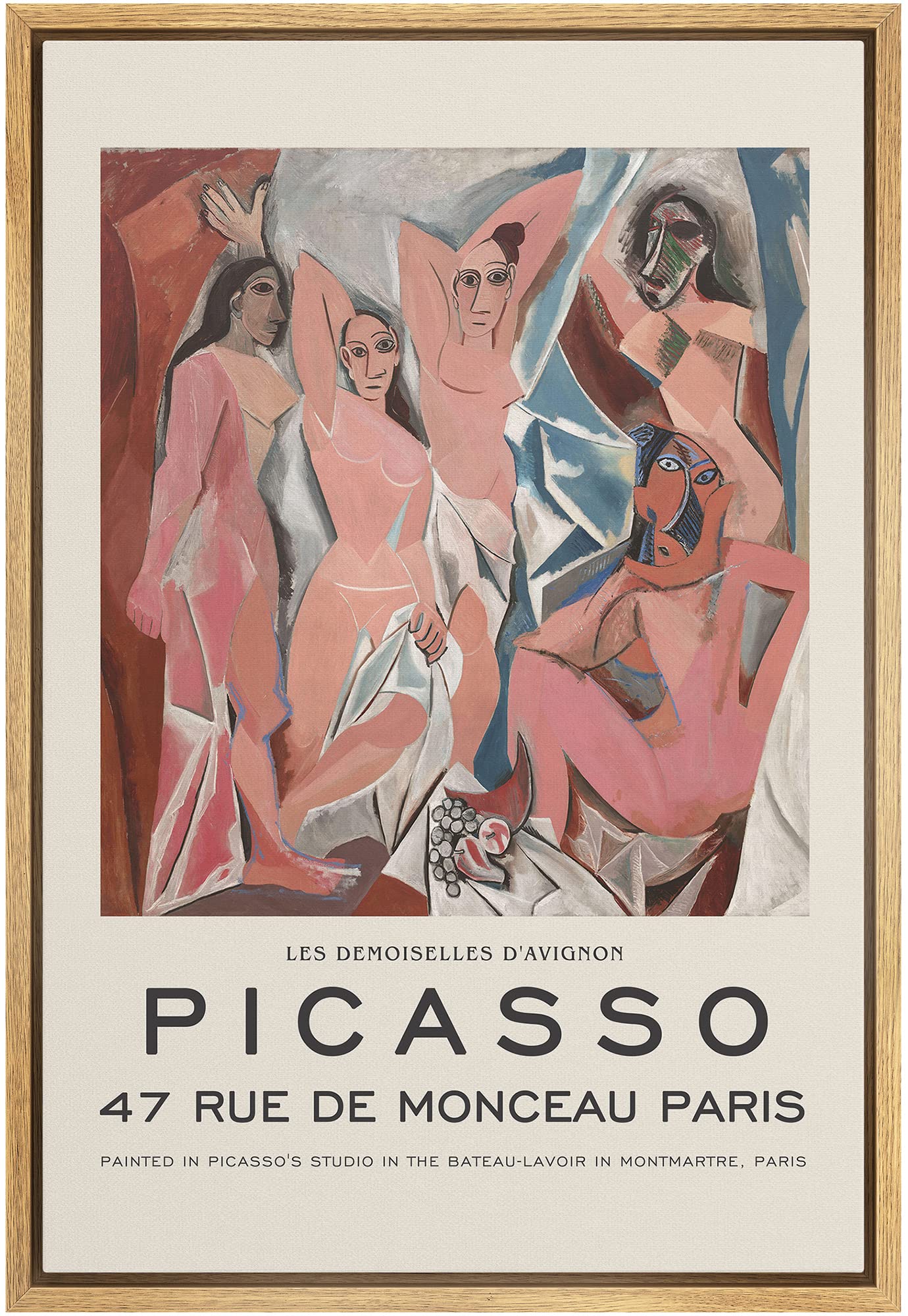 Framed Canvas Print Wall Art The Young Ladies of Avignon of Picasso Historic Cultural Illustrations Fine Art Traditional Scenic Colorful for Living Room, Bedroom, Office - 16x24 Natural
