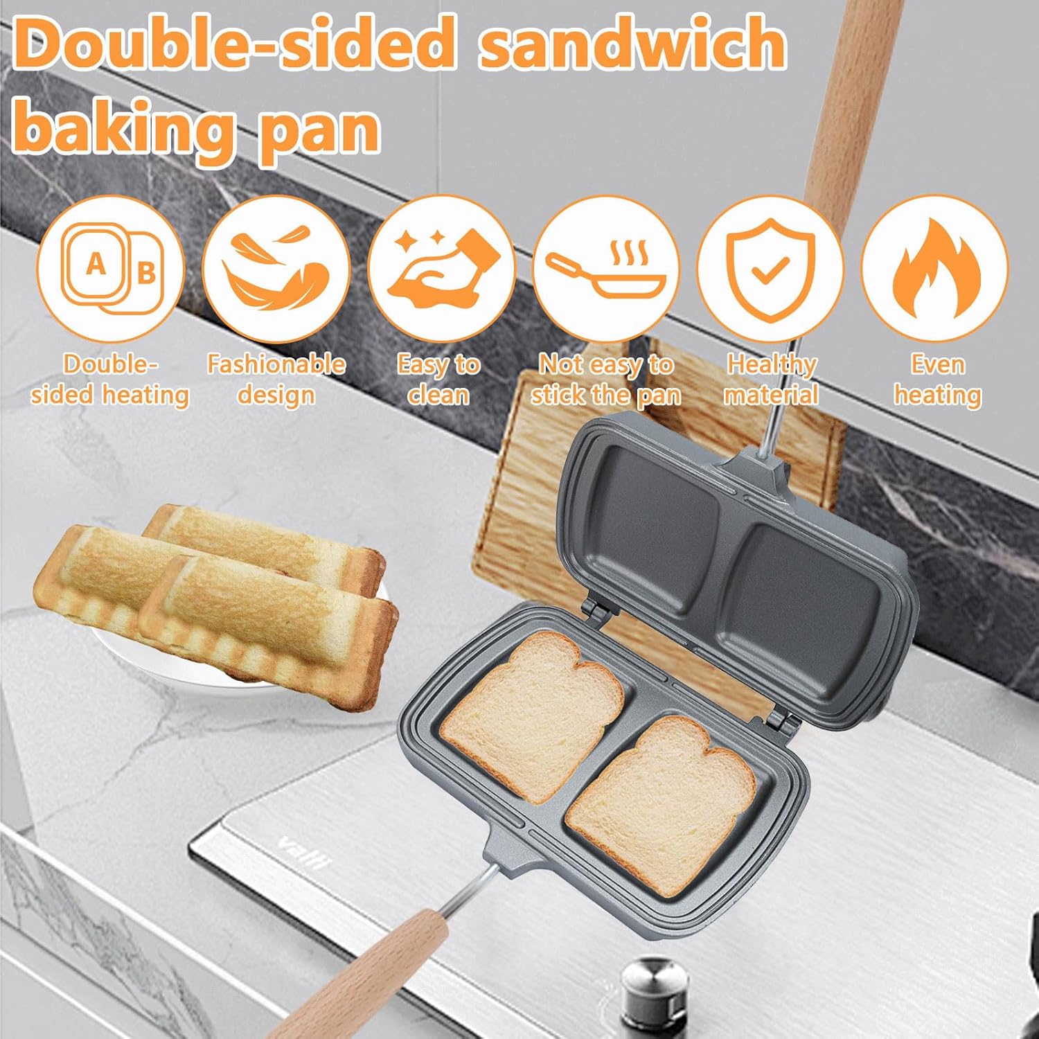 Qivine Breakfast Sandwich Maker, Double-Side Hot Dog Toaster, Nonstick Sandwich Baking Pan Hot Dog Bun Pan, Campfire Sandwich Maker With Removable Handle for Breakfast Pancakes, Toast, Omelets