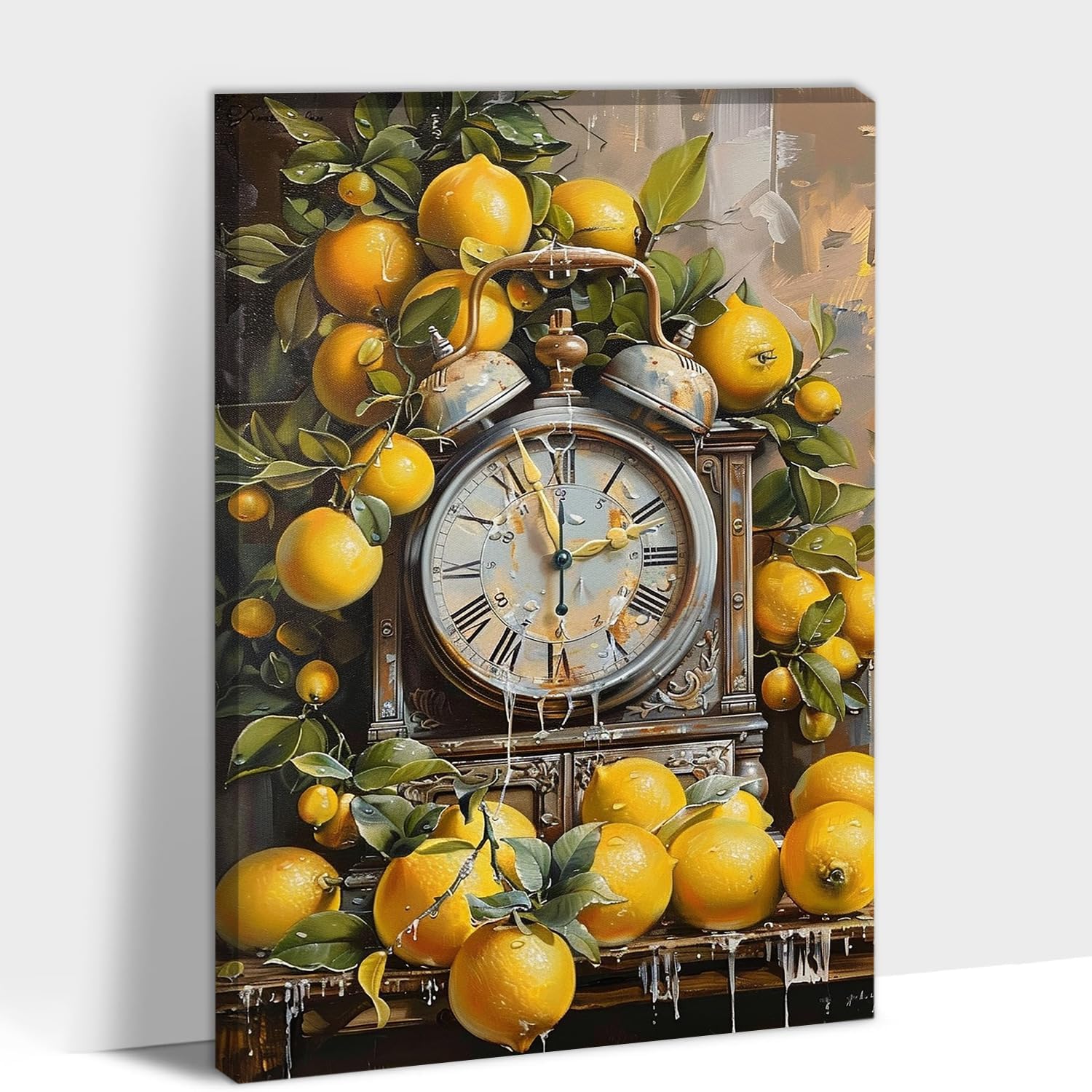 GUTTATY Lemon Fruit Kitchen Canvas Wall Art, Vintage Clock and Yellow Lemons Canvas Prints, Bright Fruit Wall Decor Pictures, Cheery Artwork Poster for Dining Room, Kitchen, Living Space, 12x18 Inch