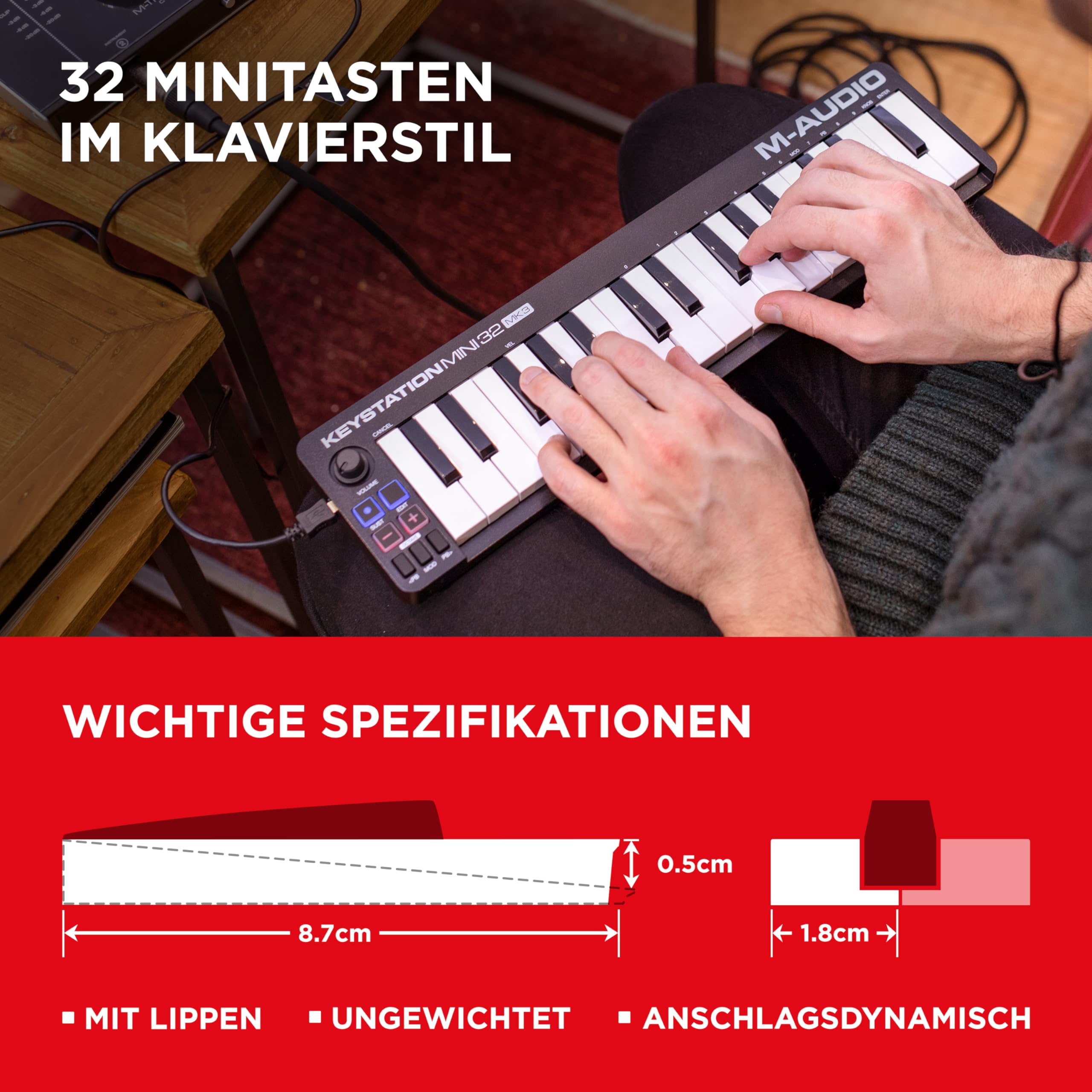 M-AUDIO Keystation Mini 32 MK3 - Ultra-Portabler Mini USB MIDI Keyboard Controller mit MPC Beats