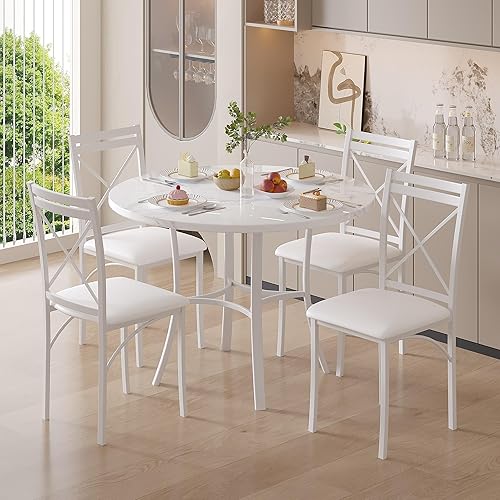 Miniatura 7 de VECELO juego de mesa de comedor de 5 piezas para 4, de mármol sintético, desayunador con sillas para cocina, rincón de desayuno, espacio pequeño,