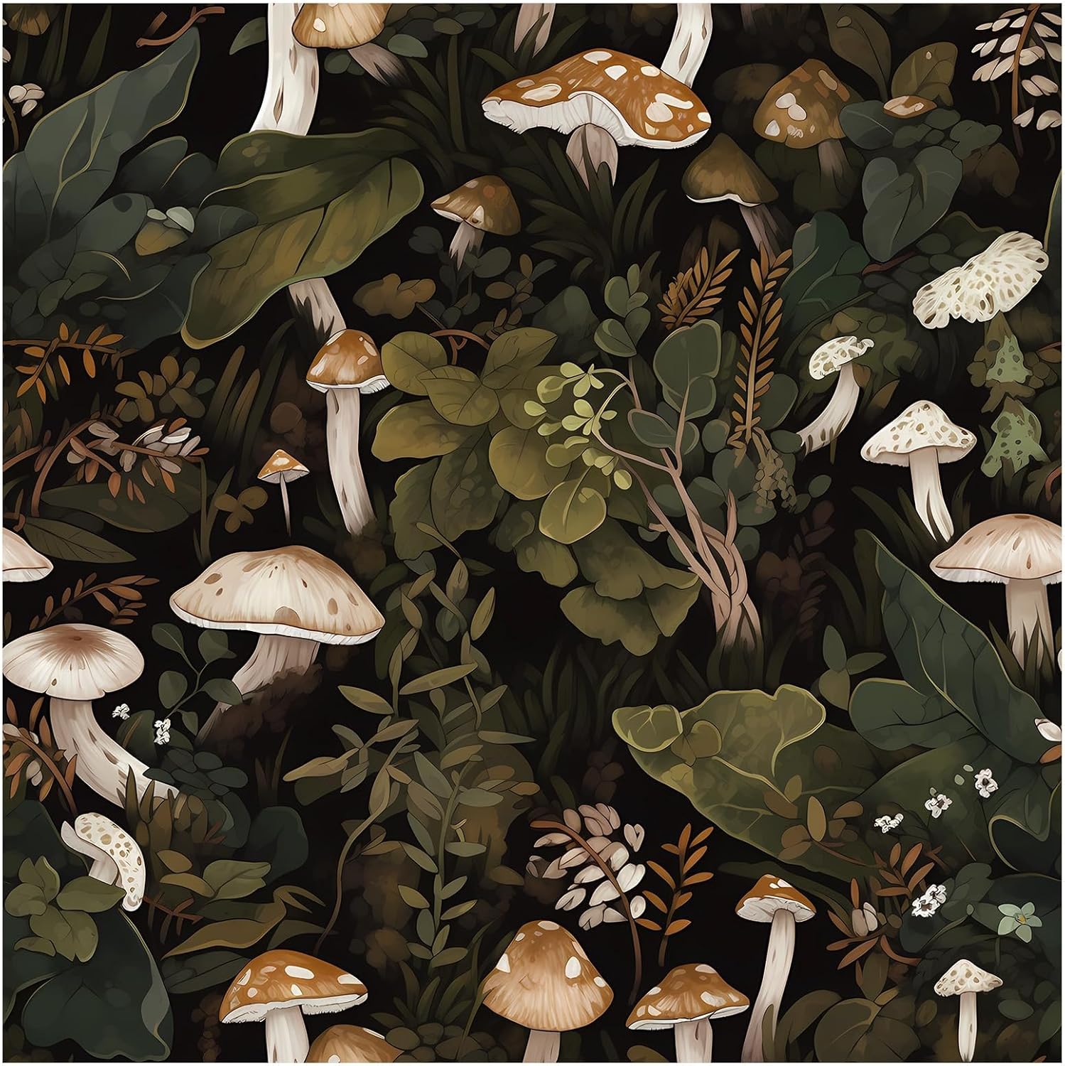 PureDomic Mushroom Forest Wallpaper Peel and Stick Boho Jungle Wallpaper Black/Brown/Green Leaf