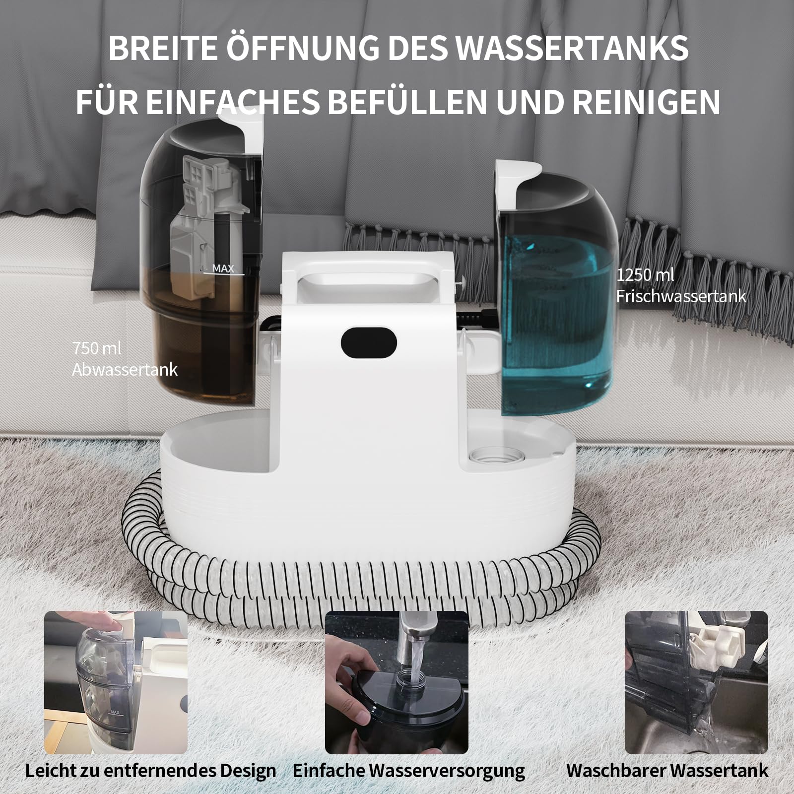 Waschsauger Polsterreiniger Gerät, 500W Nasssauger mit 18kPa Saugkraft, Doppeltanksystem, kompakter Nass Trockensauger für Tiefenreinigung von Teppichen, Sofa, Autositze, Matratze, Haustierflecken