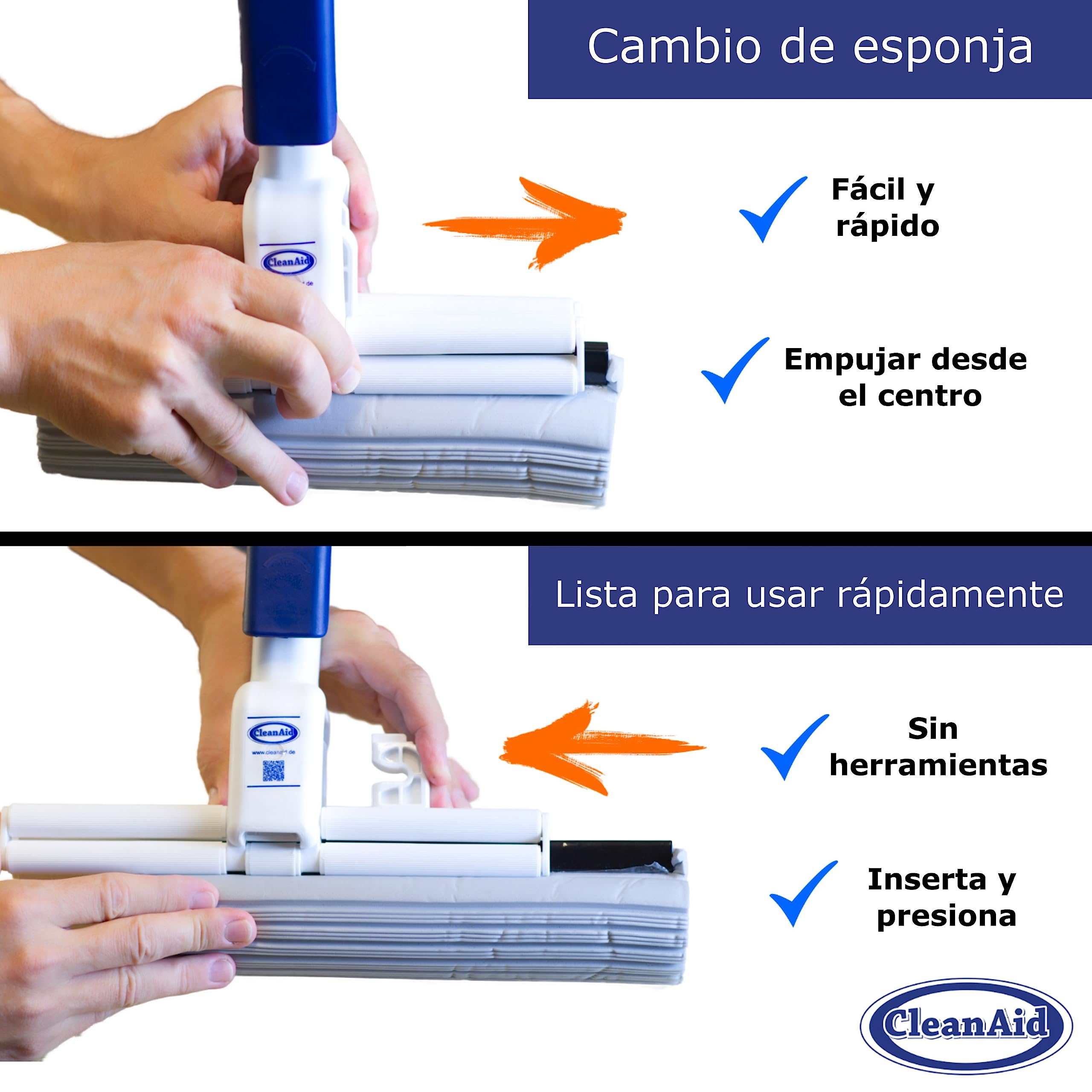 Escoba fregona OneTouch Magic de CleanAid – Esponja PVA Ultra Absorbente Permite Limpiar los Suelos sin mojarse y ensuciarse Las Manos Ideal para Todas Las Superficies Lisas