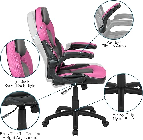 Miniatura 474 de Flash Furniture Juego de escritorio para juegos negro y silla de carreras blanco/negro con soporte para tazas, gancho para auriculares y soporte