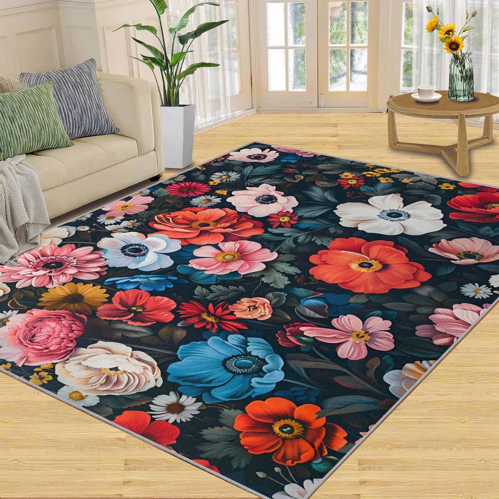 Tapis à fleurs pour chambre de fille - 150 x 180 cm - Antidérapant - Lavable - Motif botanique vintage - Tapis doux à poils courts - Motif floral