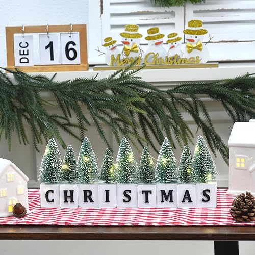 Miniatura 6 de Decoración de mesa de árbol de Navidad con iluminación LED, decoración de Navidad de madera rústica con mini árboles, mesa de bloque de letrero de