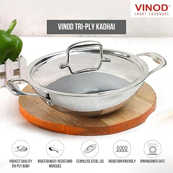 Vinod Platinum Kadai Triply Stainless Steel | Suitable for Indian Cooking, Sauces, Stews, Soups | Deep/Extra Deep Kadai with Lid | Induction, Electric Friendly (Deep Kadai, 24cm)