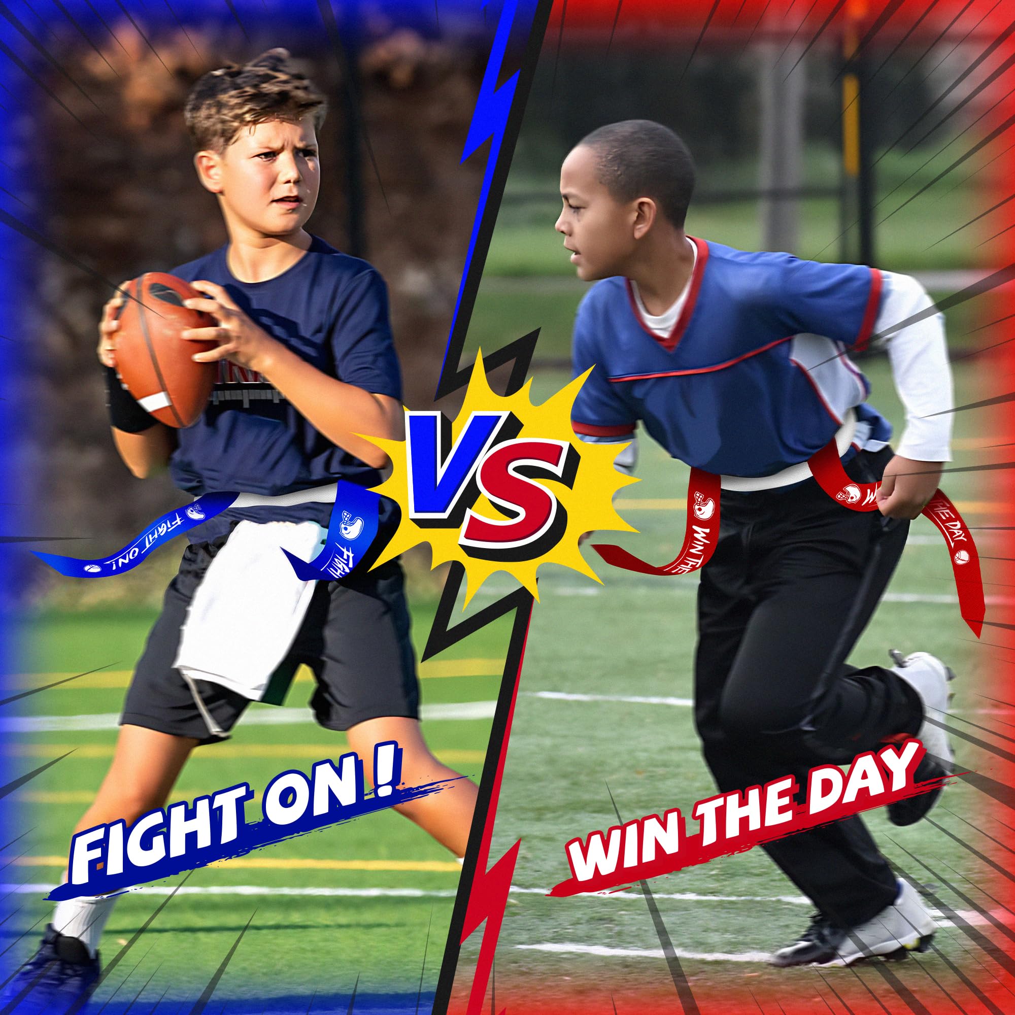 Flag Football Set - 14 Football Belts, 42 Football Flags, 5 Cones, 1 Bag - Indoor Outdoor Football Games Kit for Kids, Youth, and Adults