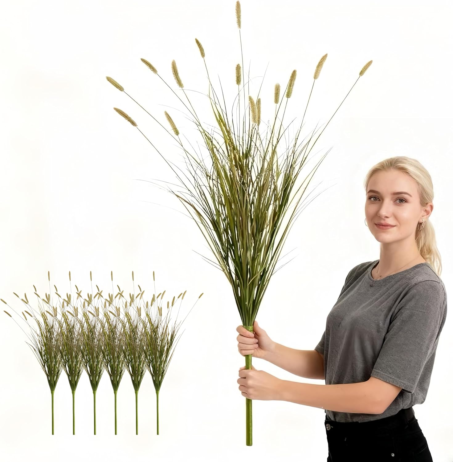 37 inches Extra Lush Artificial Reed Grass (6pcs), Luxury Fake Tall Plants with 14 Heads Dogtail Flower, Luxury Faux Tall Greenery with Dogtail for Garden Porch and Home Decor (Yellow-14)