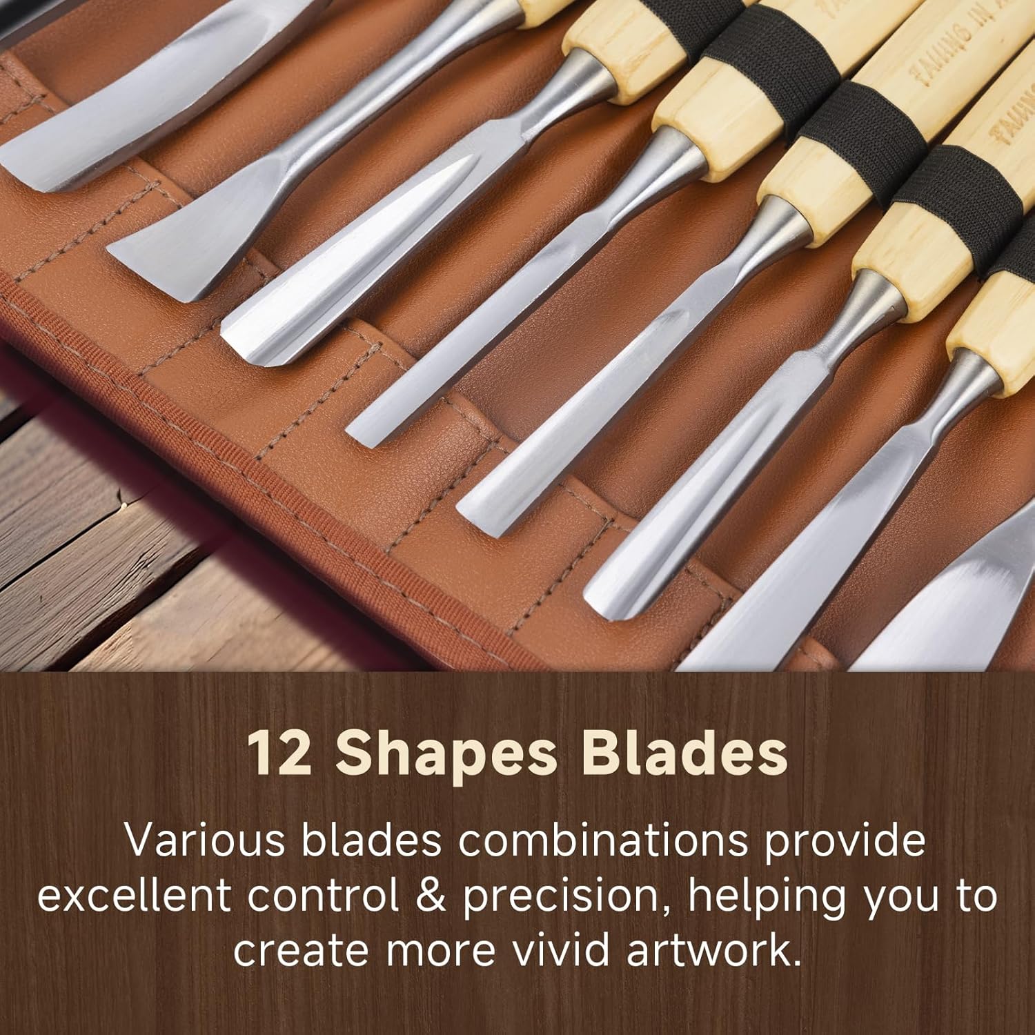 Falling in Art 12Pcs Wooden Carving Chisel Set, Long Handle Woodworking Tools Set with a Leather Pouch, Full Size Knife Gouge Kit for Carving Projects, Ideal for Beginners and Professionals
