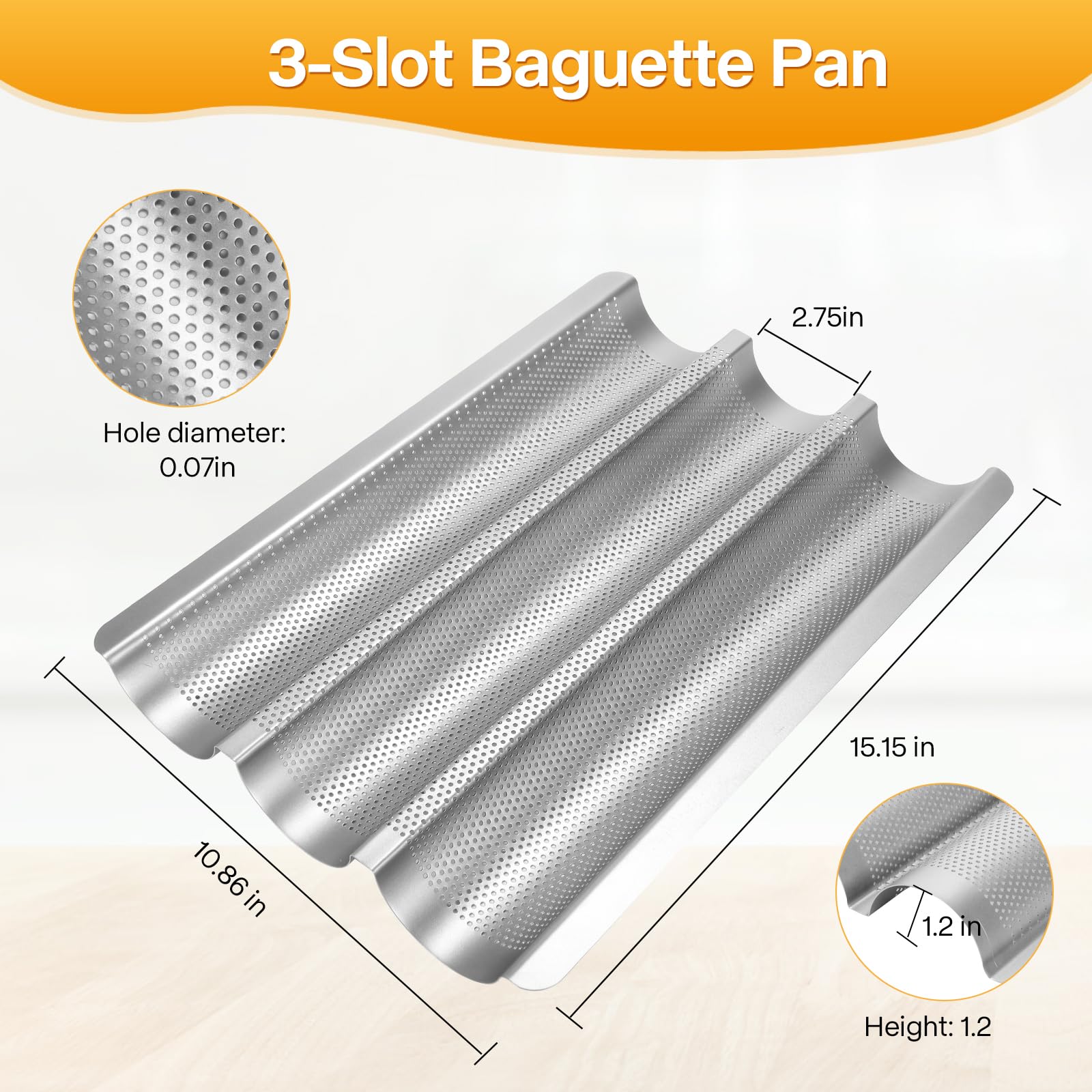 Molde para pan baguette, molde perforado, antiadherente para 3 panes francés, con paño de prueba, kit de cortador de masa para panadería casera, bandeja de baguette, bandeja de pan plateado de