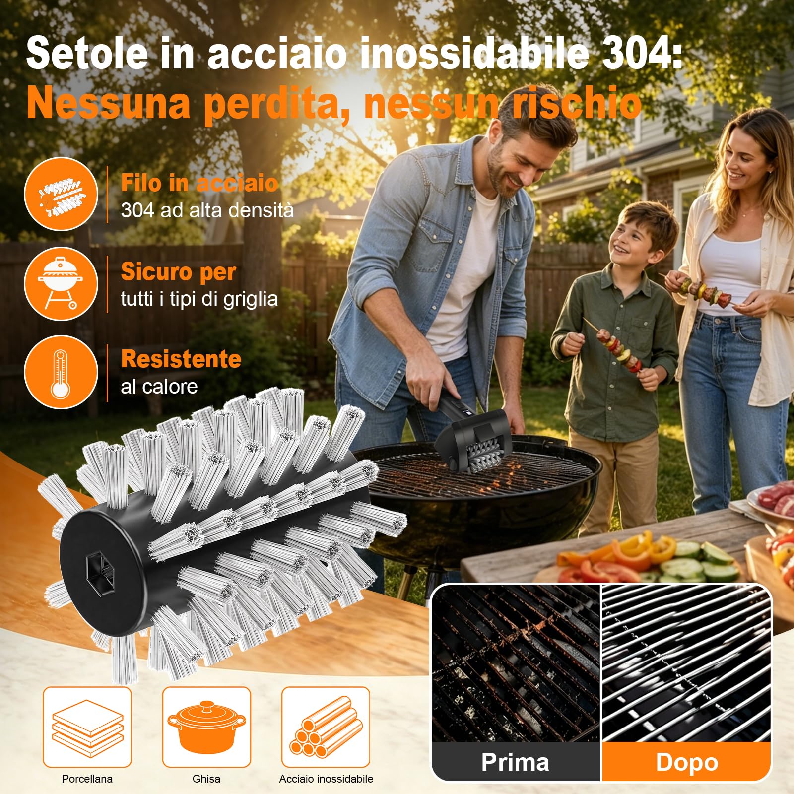 Spazzola Elettrica Barbecue Senza Fili, Pulizia BBQ con Acciaio Inox 304 | Pulitore Barbecue Ricaricabile 4000mAh, 380/490RPM, 90min, IPX7, Luce LED, Spazzola Pulizia Griglia BBQ 2 Velocità