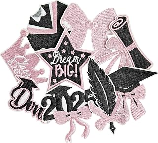 9 Pcs Graduation Iron on Bow Patches, Embroidered Applique Class of 2025 Patch for Clothes, Hats, Jacket, Jeans