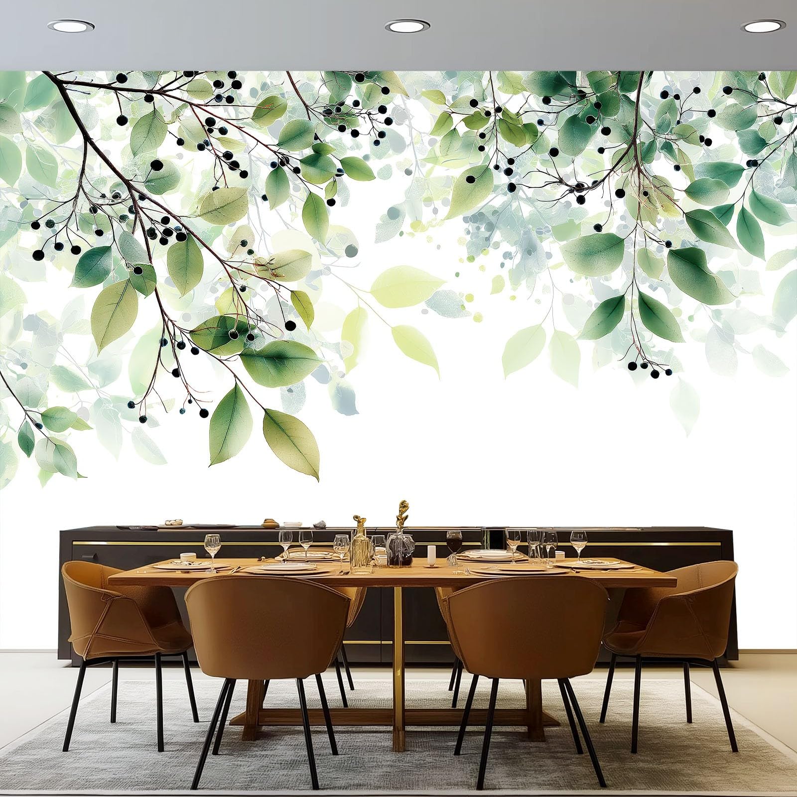 Générique Carta da parati Panoramica Pianta Foglia Bacche 250 x 175 cm - Rivestimento murale per camera da letto, soggiorno, camera dei bambini, cucina, ufficio, design minimalista elegante da parete
