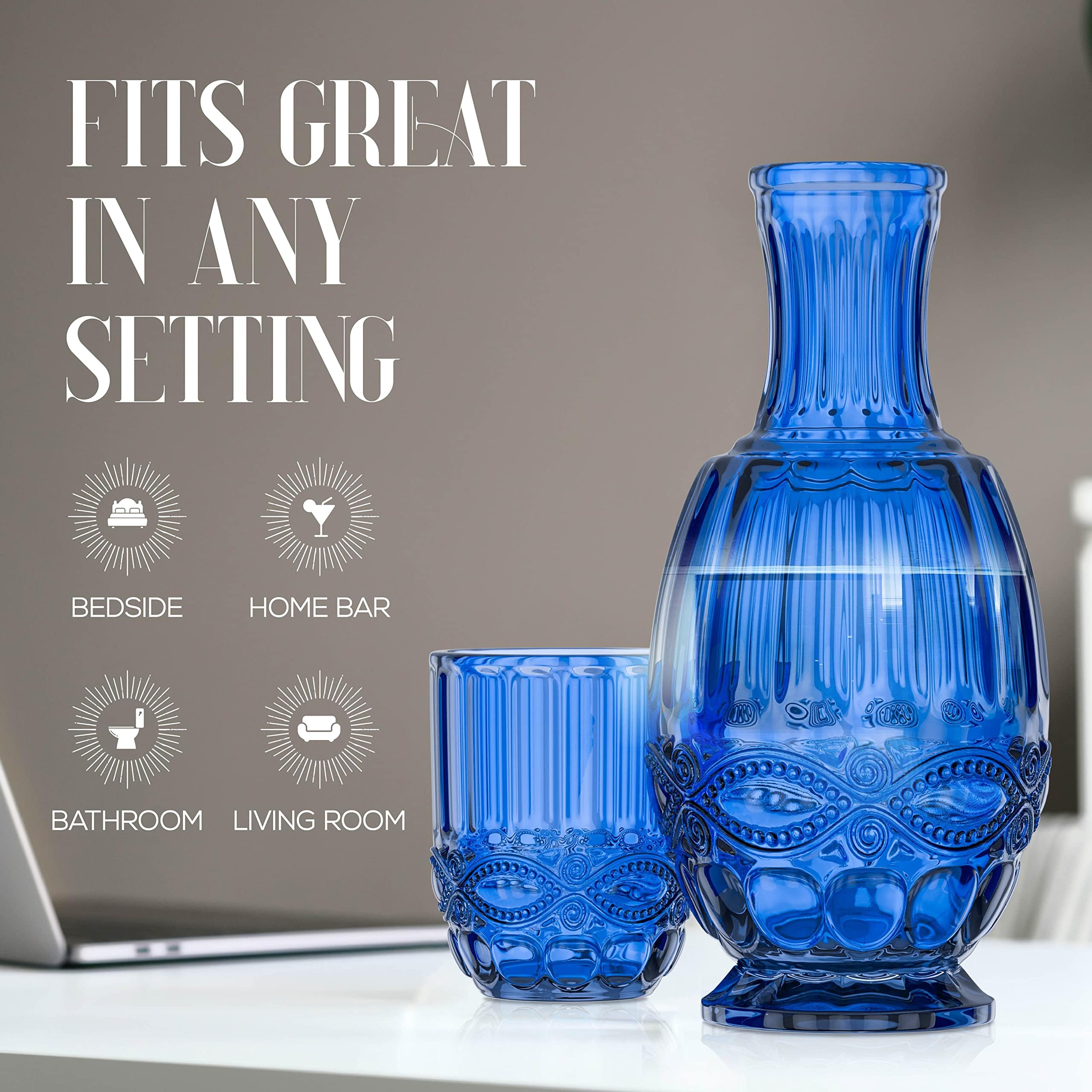 Jarra de agua para mesita de noche con vaso | Jarra de 33 onzas y vaso a juego | Úsalo como tapa para jarra | Para habitación de invitados, mesita de noche, oficina o regalo | Azul | Elle Decor