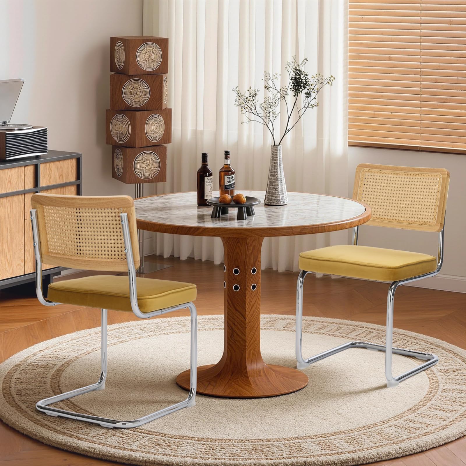 VICBARLEY Rattan Back Velvet Dining Chair Set of 2 Modern Stainless Chrome Base Armless Upholstered Side Chair for Dining Room, Kitchen Island, Gold