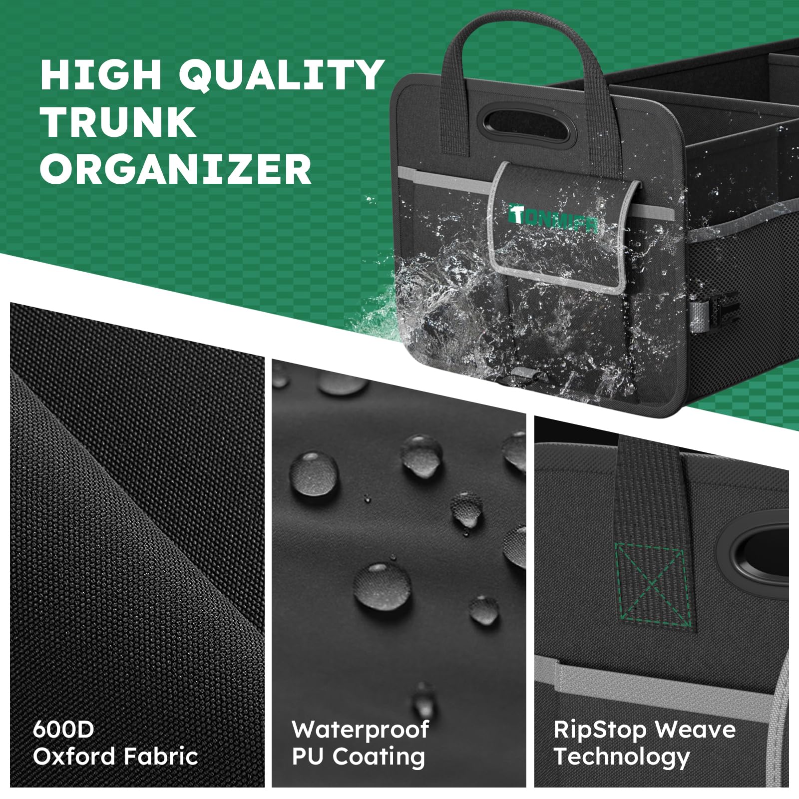 Organizer per bagagliaio con borsa fresca da 20 l, resistente Oxford 600D, pieghevole, per SUV, Hatchback, station wagon, grande capacità (92 L + 20 L), 2 ganci di fissaggio e strisce