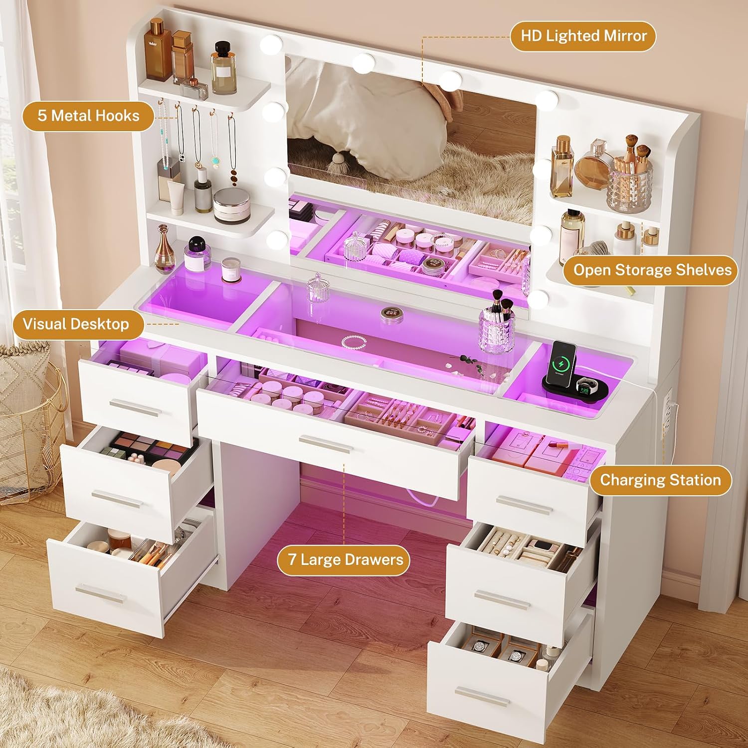 Detailed view of TEENFON Vanity Desk storage, hooks, and charging station