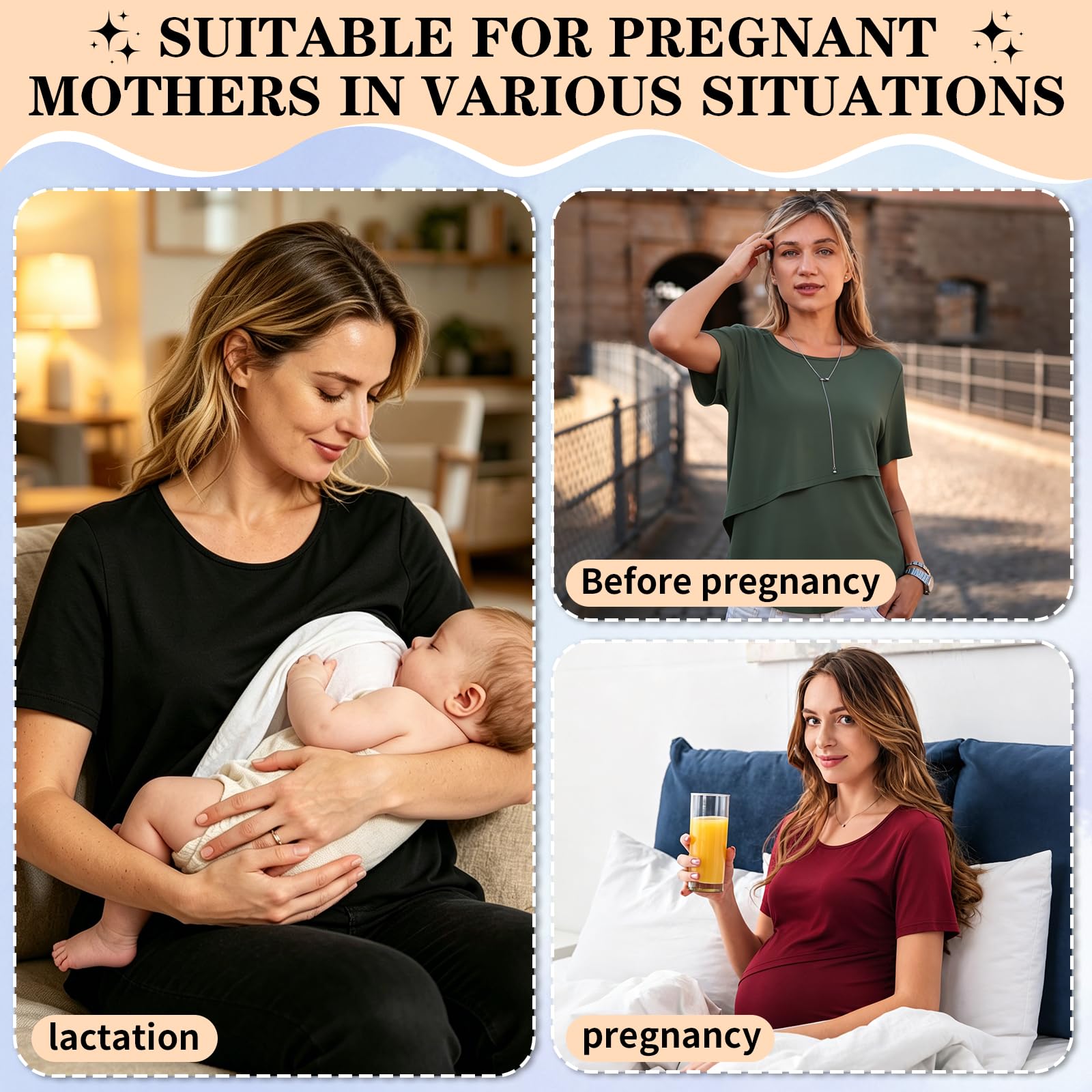 GEEKEO Lot de 3 t-shirts d'allaitement à manches courtes pour femme enceinte