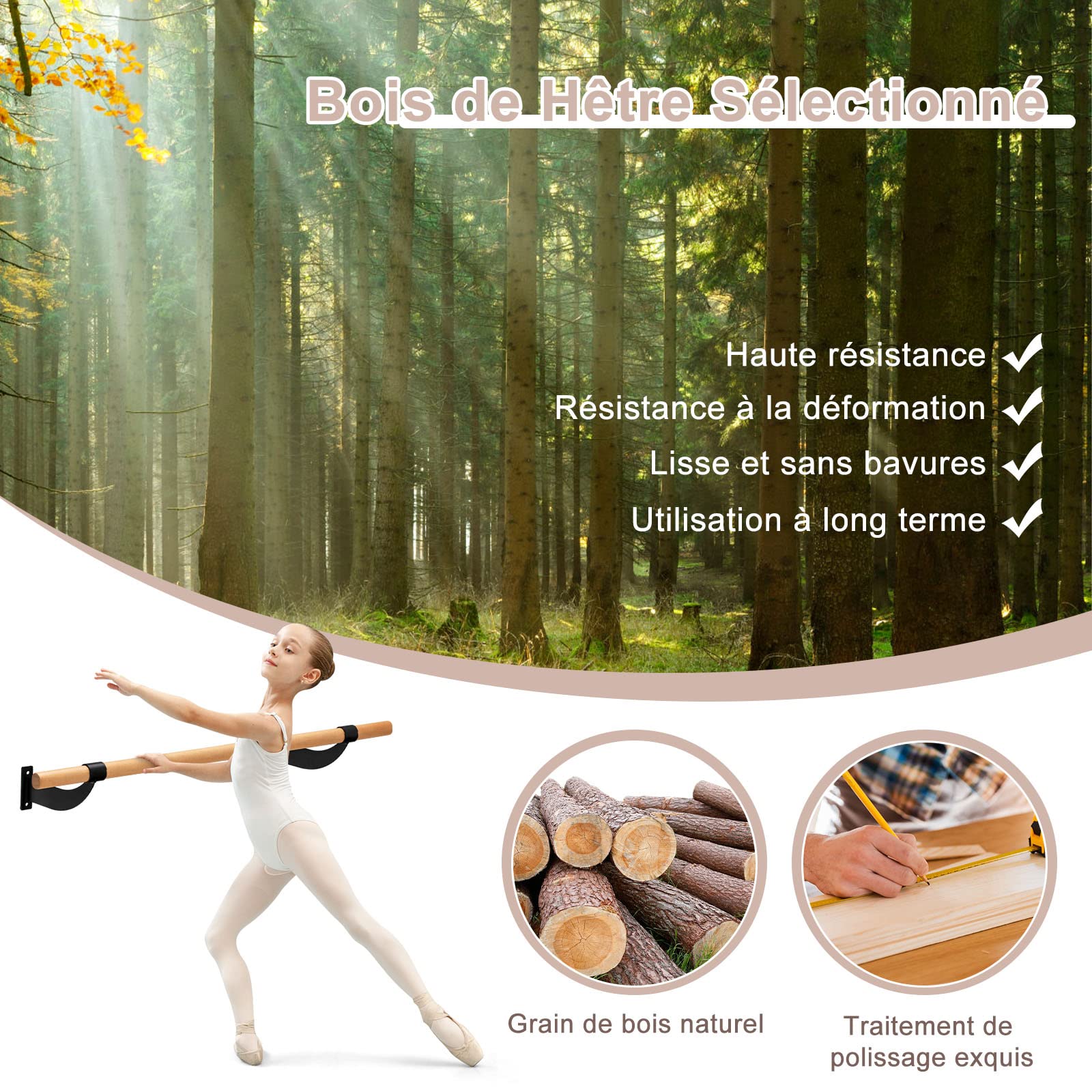 GYMAX Barre de Danse Classique Murale en Bois, Barre de Danse ∅3,8cm & 120cm de Largeur à Hauteur Fixe pour Maison, École, Studio