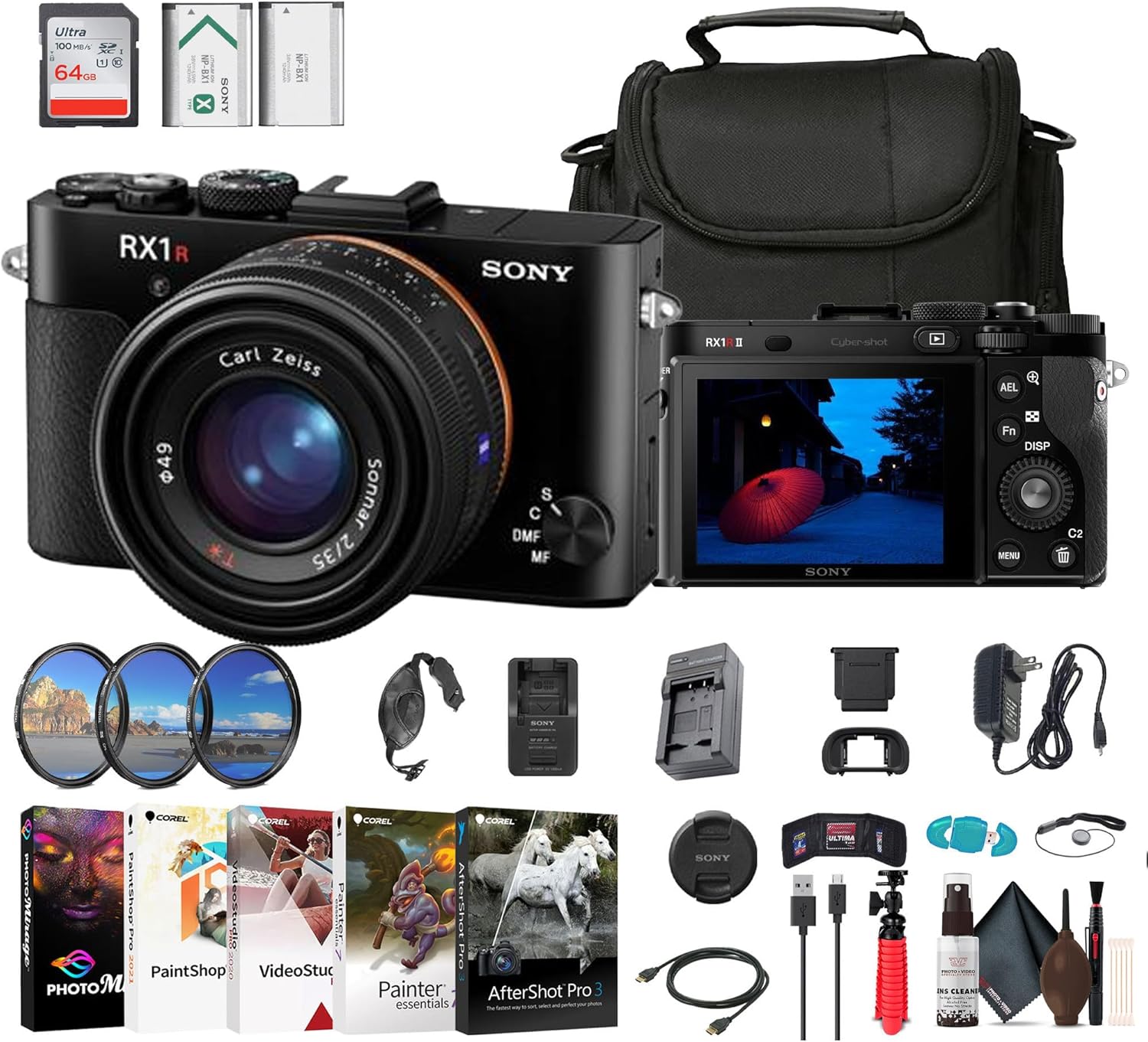 Sony Cyber-Shot DSC-RX1R II Digital Camera (DSCRX1RM2/B) + 64GB Card + Card Reader + Case + Flex Tripod + Hand Strap + Memory Wallet + Cap Keeper + Cleaning Kit