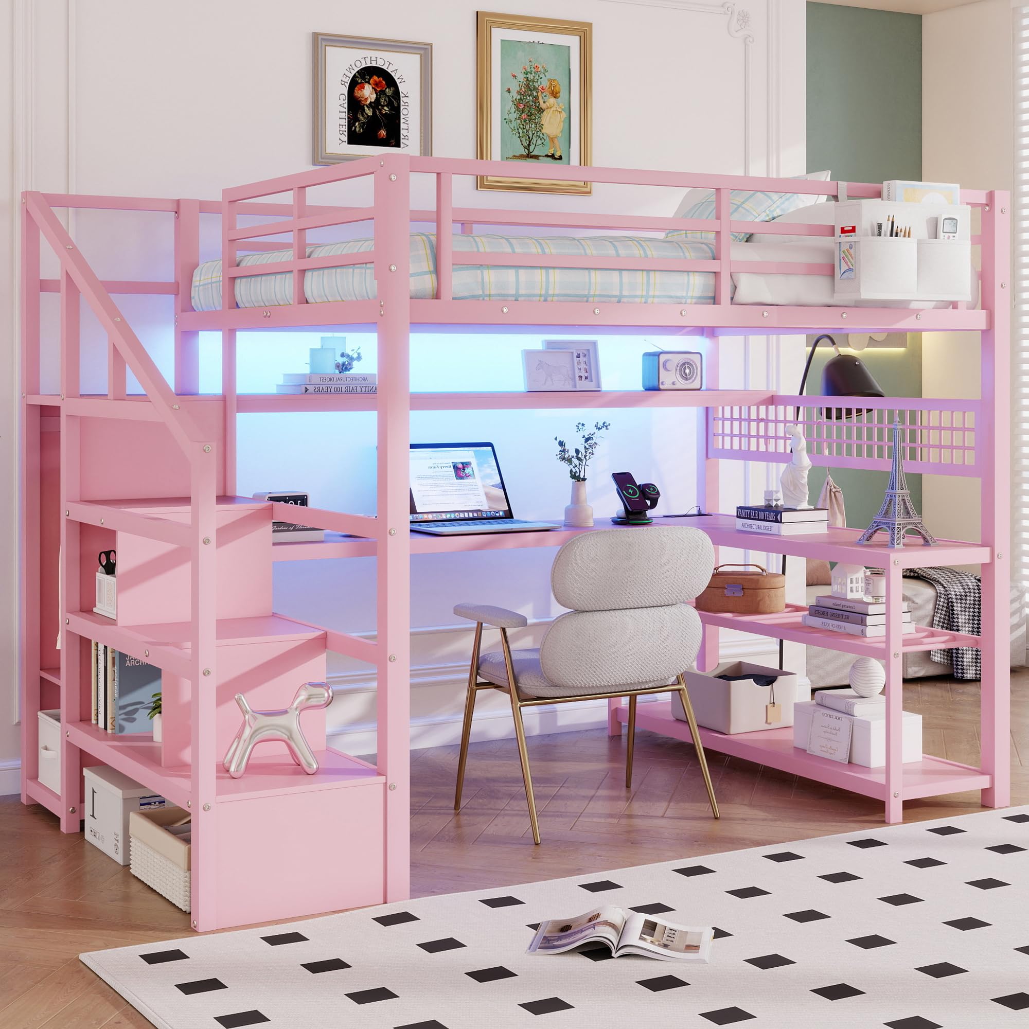 LUMISOL Full Size Loft Bed with L-Shaped Desk and Wardrobe, Heavy Duty Metal Loft Bed Frame with Stairs, LED Lights, Storage Shelves and Charge Station, Noise Free, No Box Spring Needed, Pink