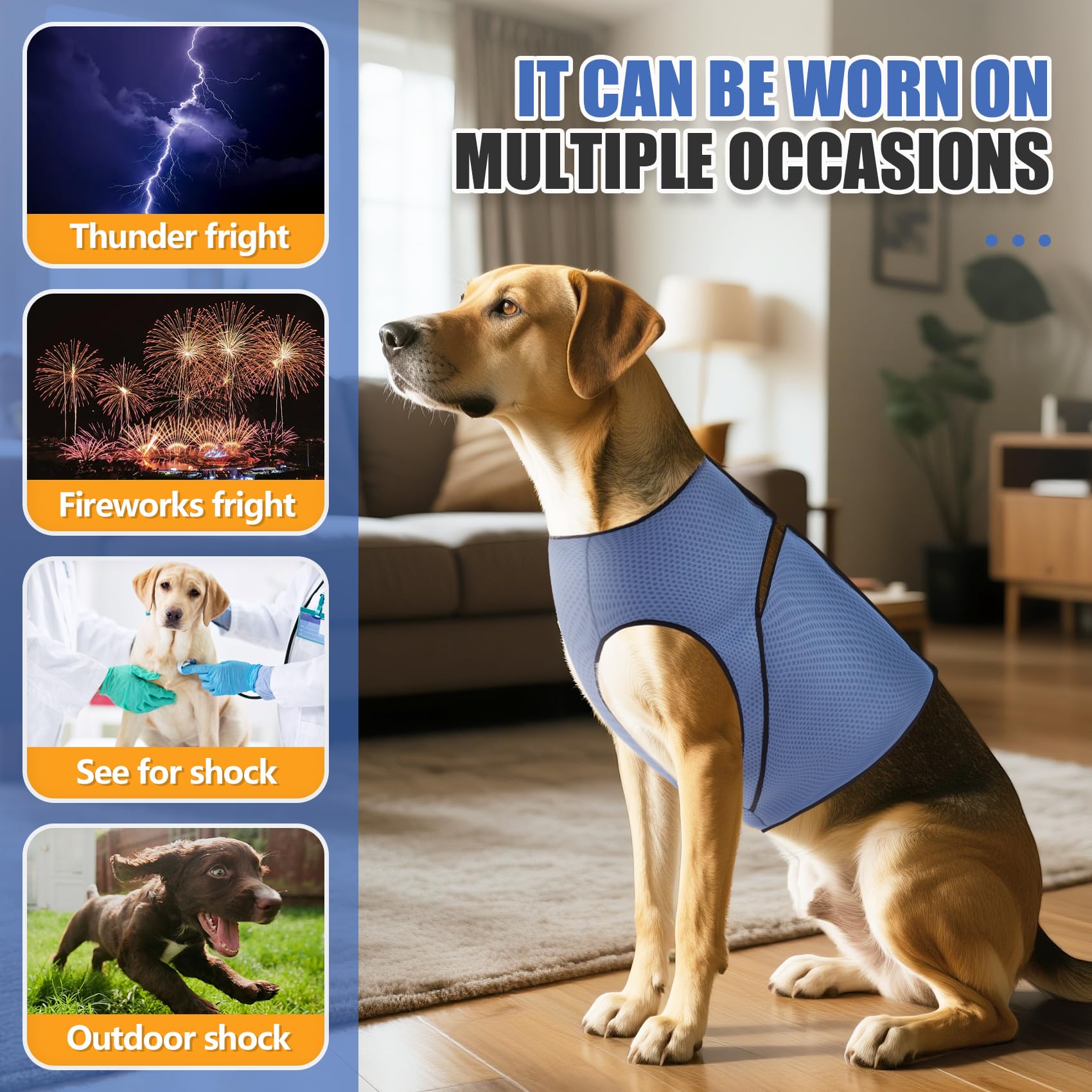 Gilet calmante per cani, per alleviare l'ansia, per cani, comodo e regolabile, morbida pressione, per Thunder, viaggi e fuochi d'artificio (blu, L)