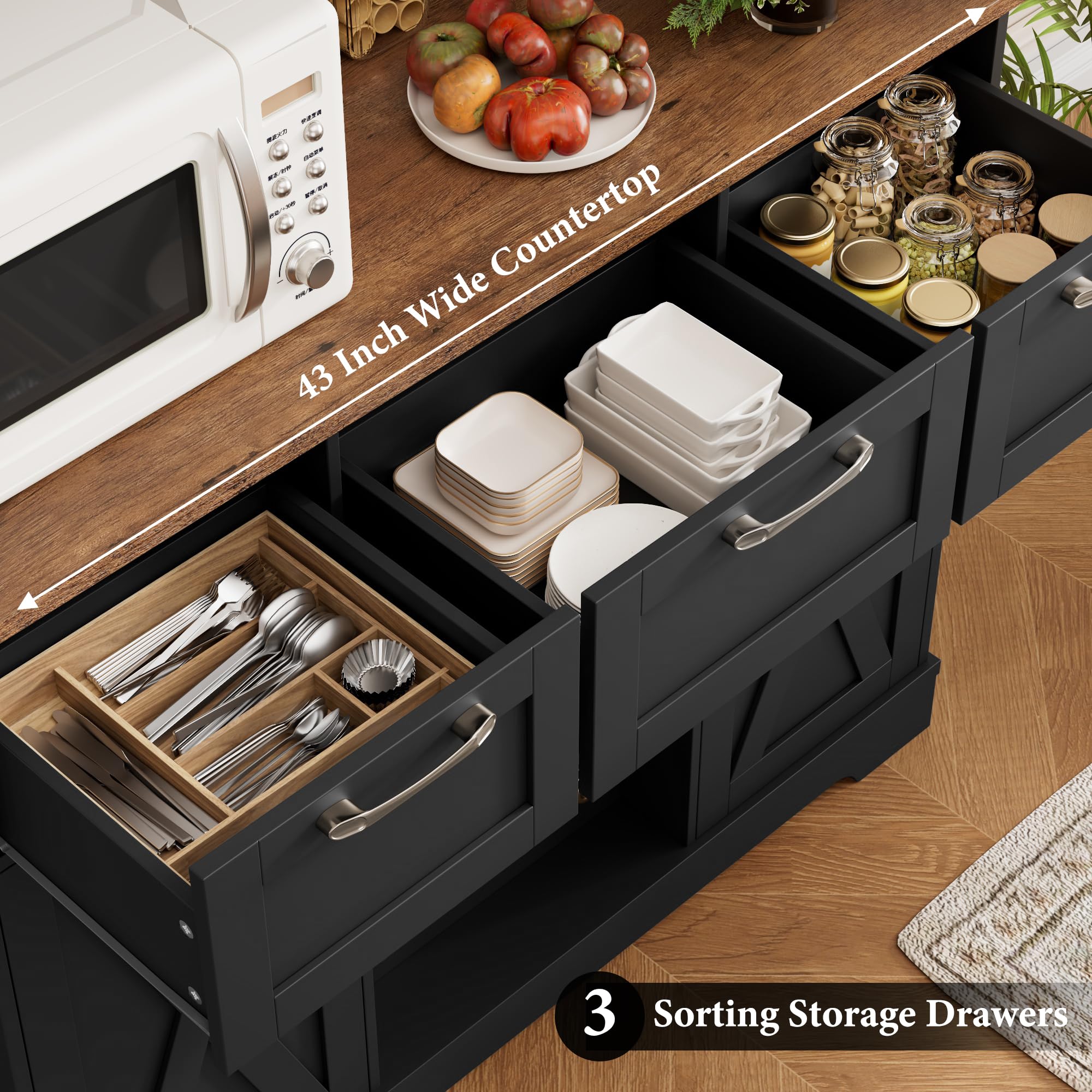 72.8" Tall Kitchen Pantry Cabinet With LED Lights & Charging Station - Farmhouse Storage Hutch