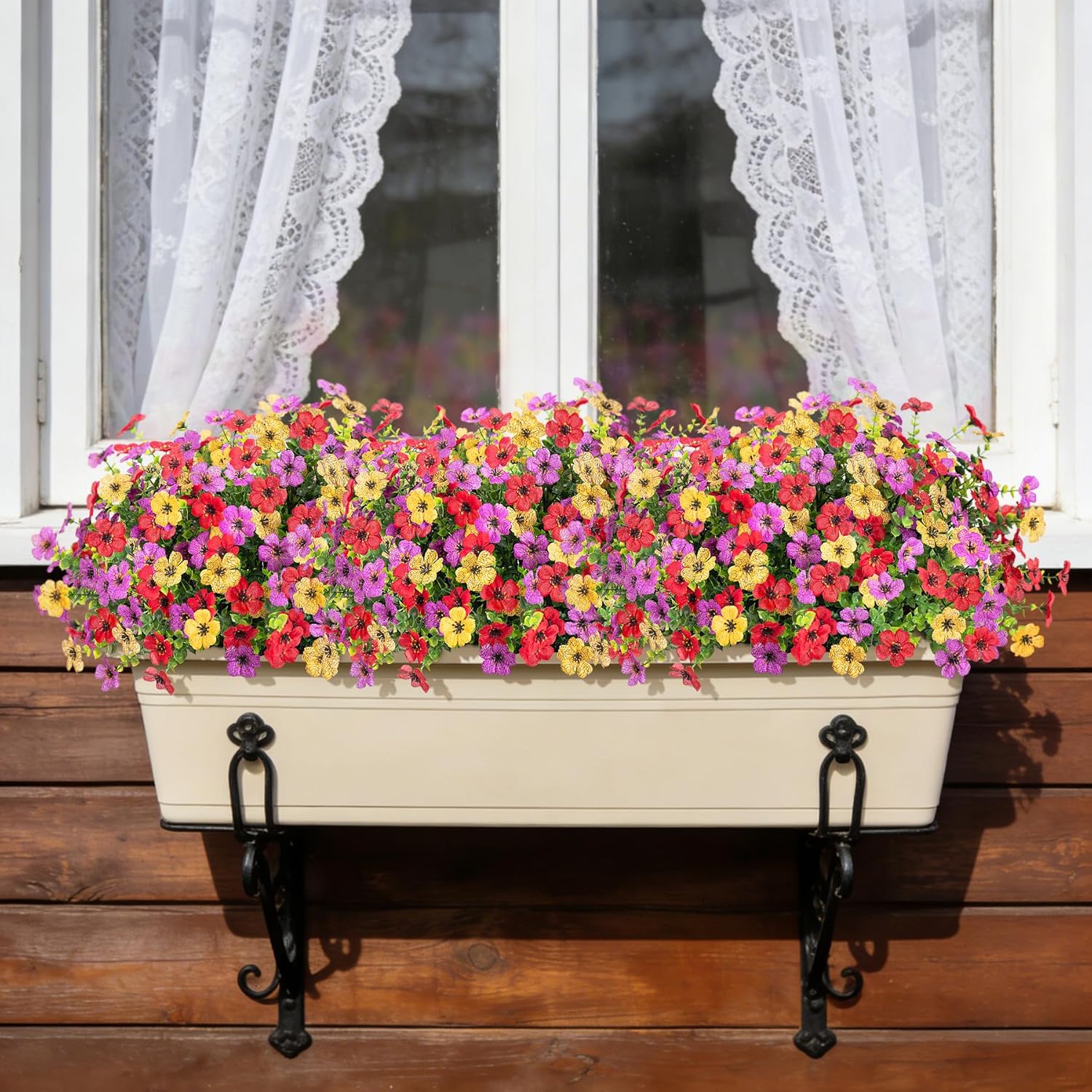 Artificial Flowers for Outdoors Potted Spring Decor, 12 Bundles Fake Summer Daisy with Realistic Eucalyptus Leaves, Faux Plants for Greenery Boxwood Porch Patio Garden Pot Lawn(Red Purple Yellow)