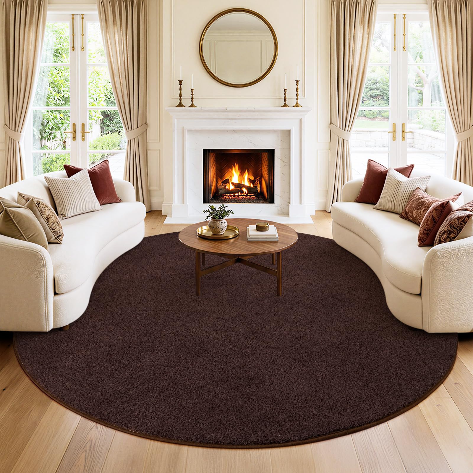 Rezutan Large Soft Carpet for Living Room 200cm Round Brown Washable Rugs