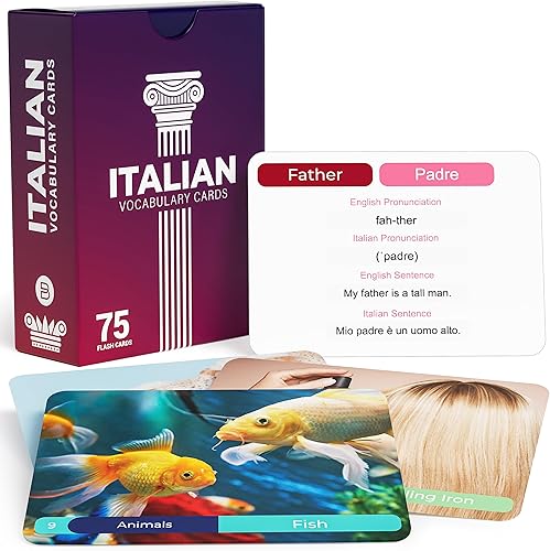 Tarjetas didácticas de vocabulario italiano, 75 vocabulario para principiantes con imágenes, memoria y palabras visuales, viajes y referencia