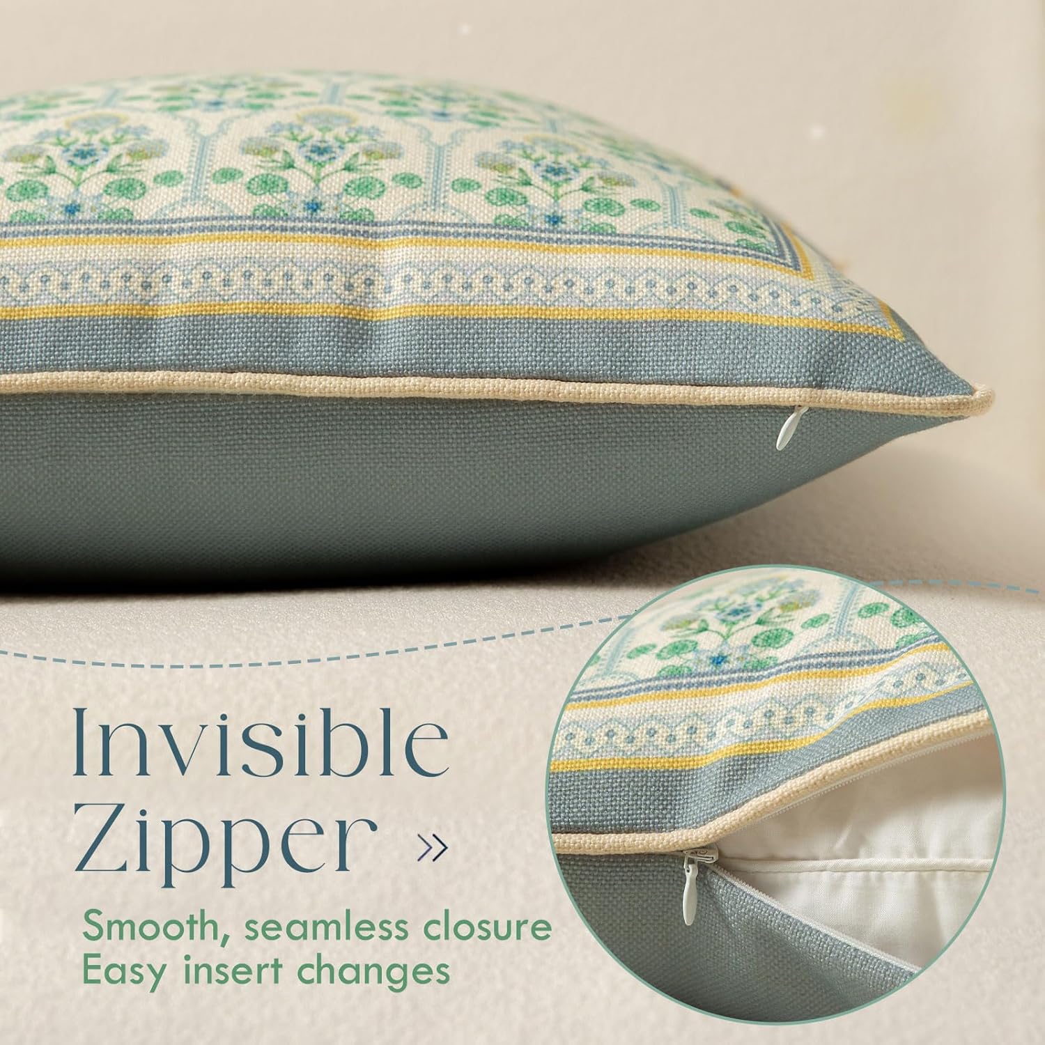 Spring Floral Block Print Pillow Cover, Euro Shams Decorative Pillow Covers 18x18 for Couch Sofa Bed Living Room, Blue Garden